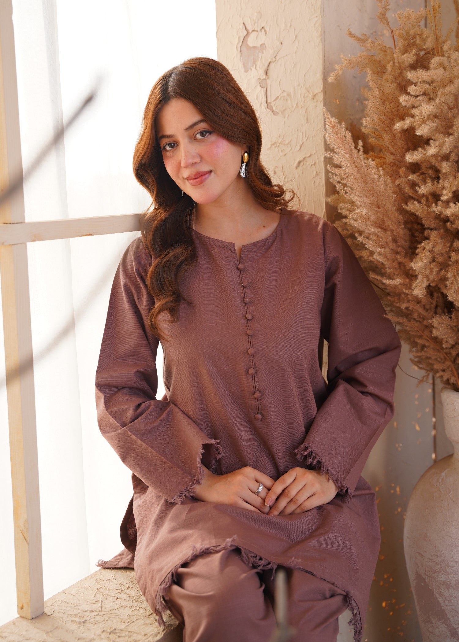 khaddar Kurta Set in Mauve pink
