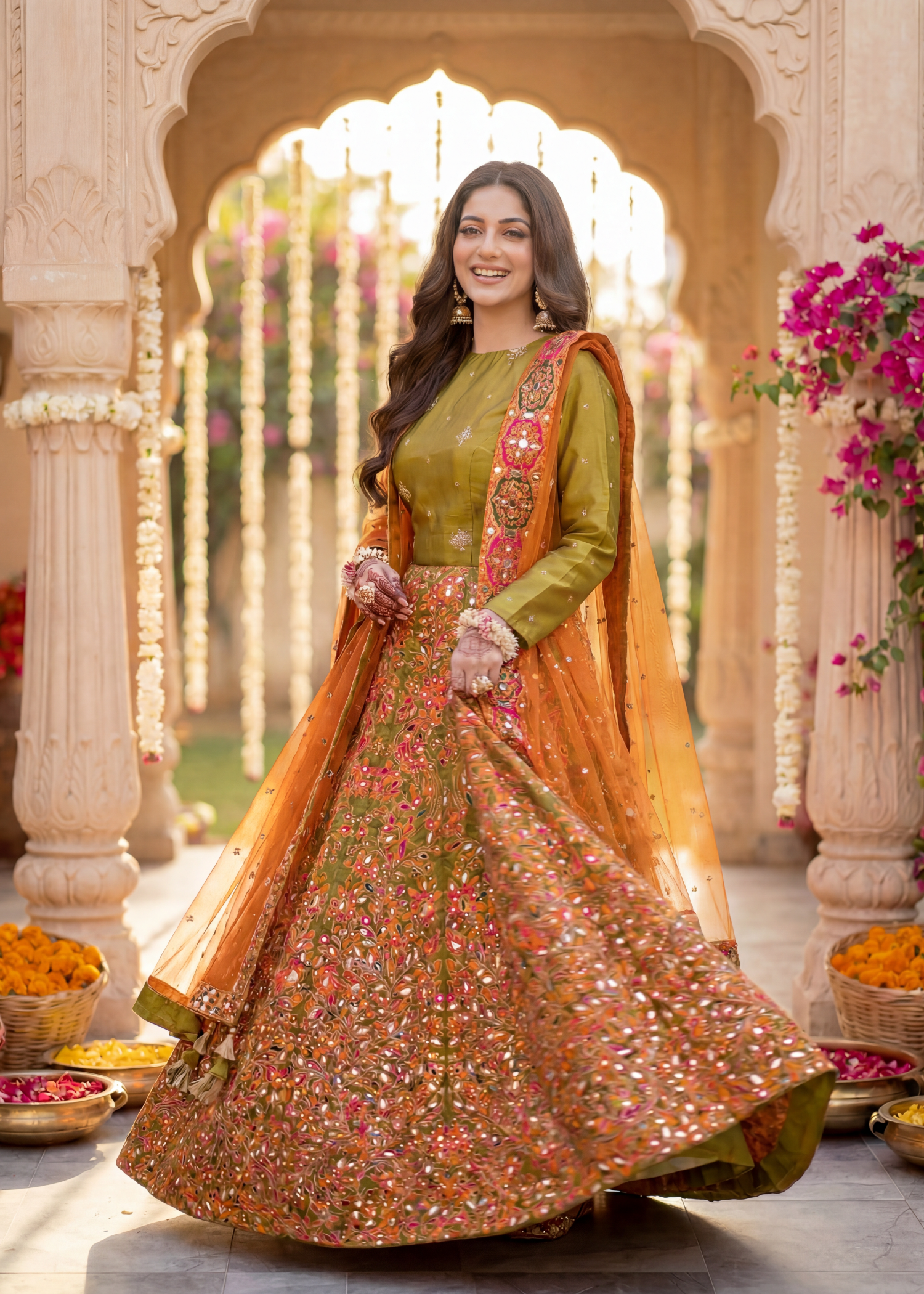 kattan silk Lehenga in Orange, olive green