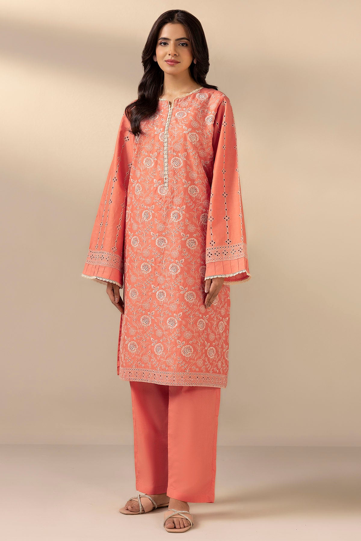 schiffli Kurta Set in Peach pink