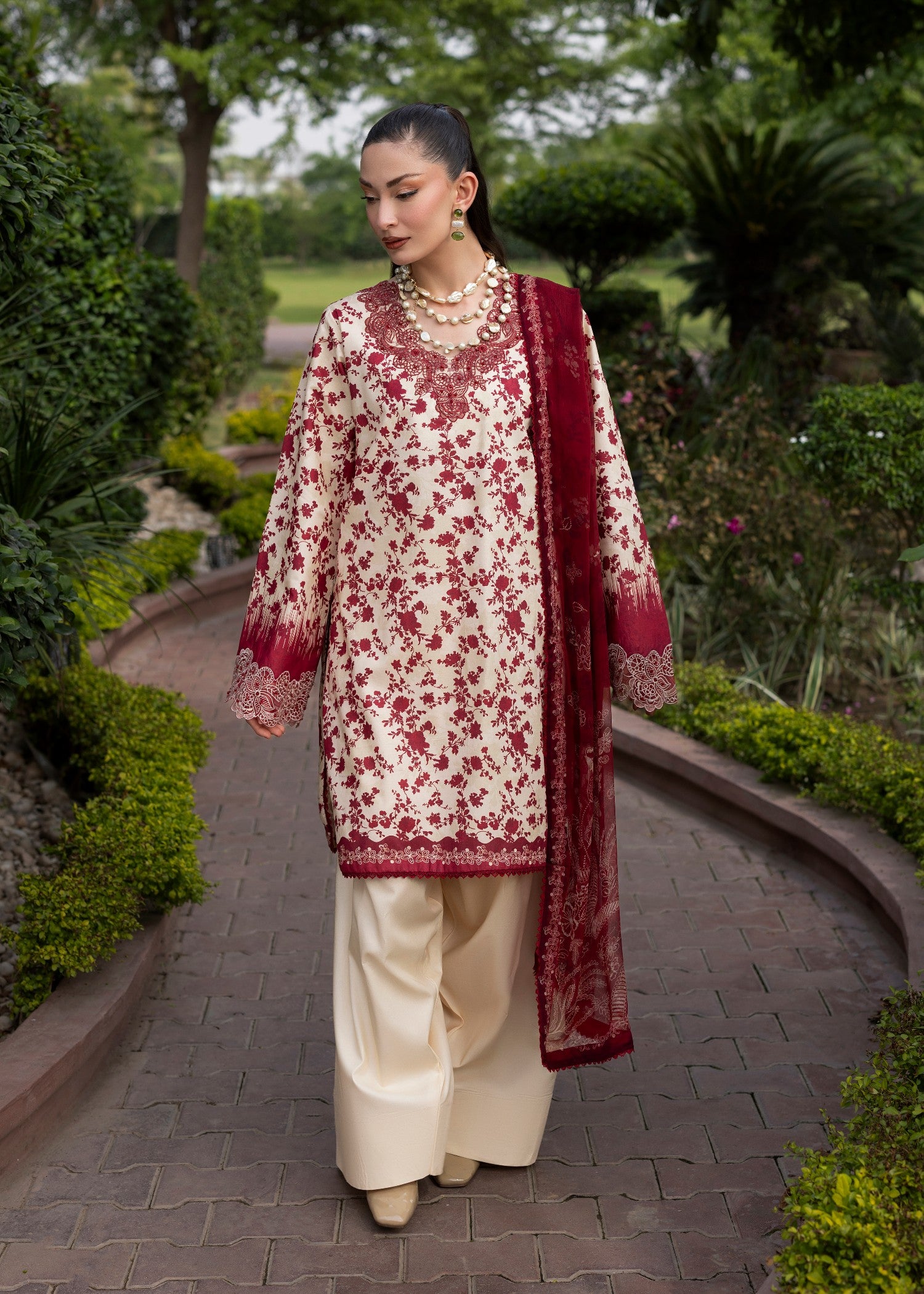 lawn Unstitched in Cream, blood red