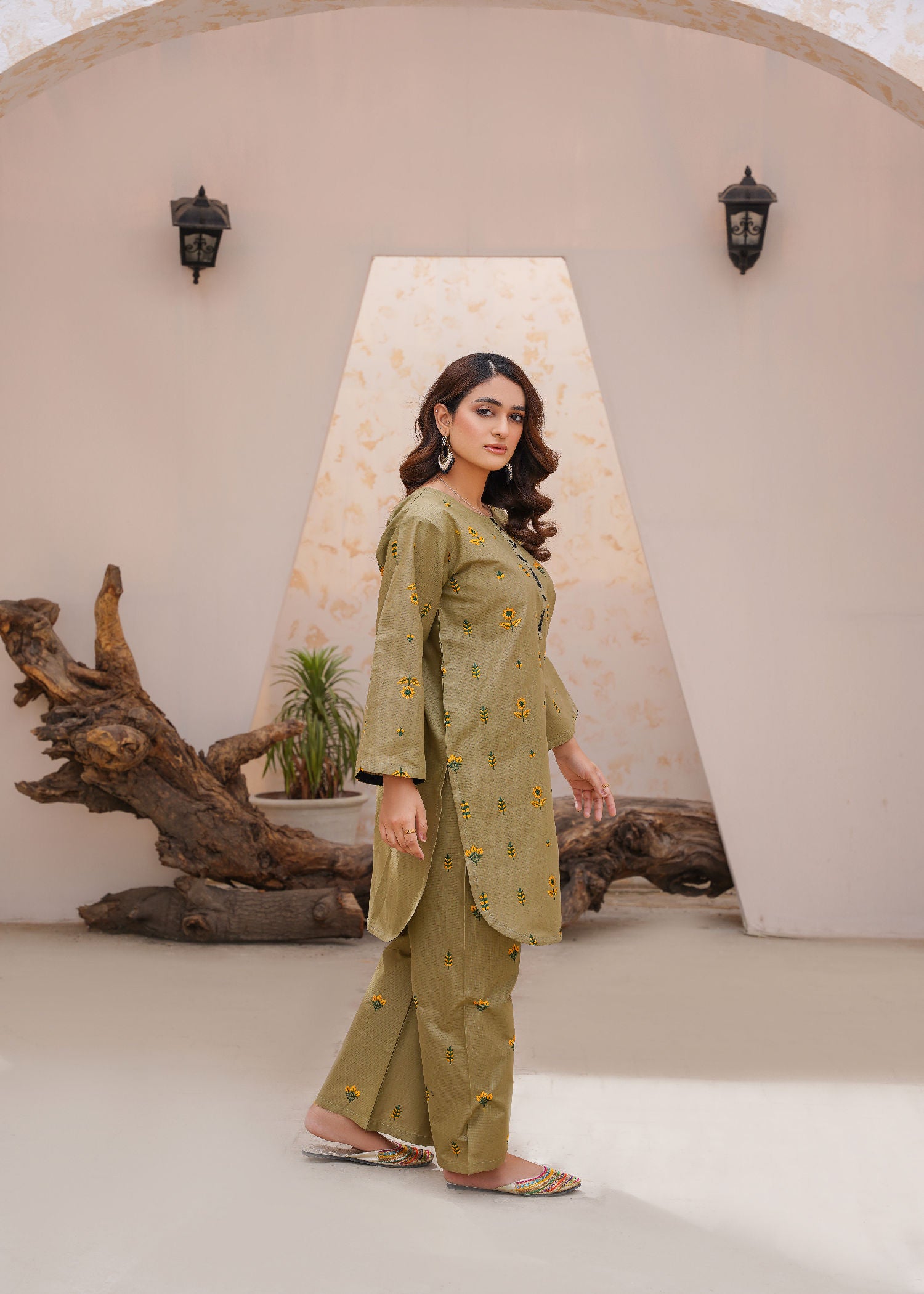 cotton dobby Kurta Set in Olive green