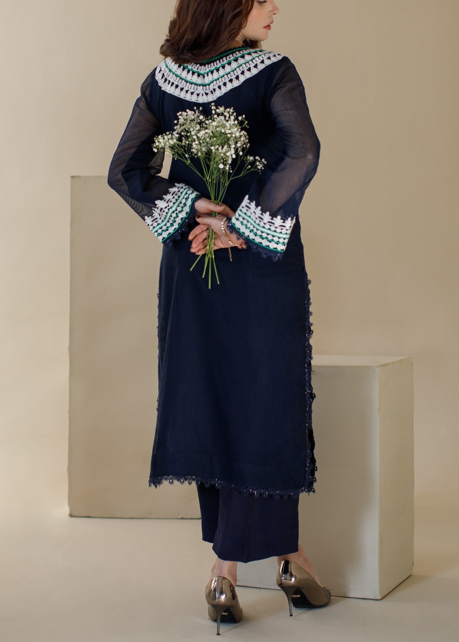 poly silk cotton net Kurta Set in Navy blue