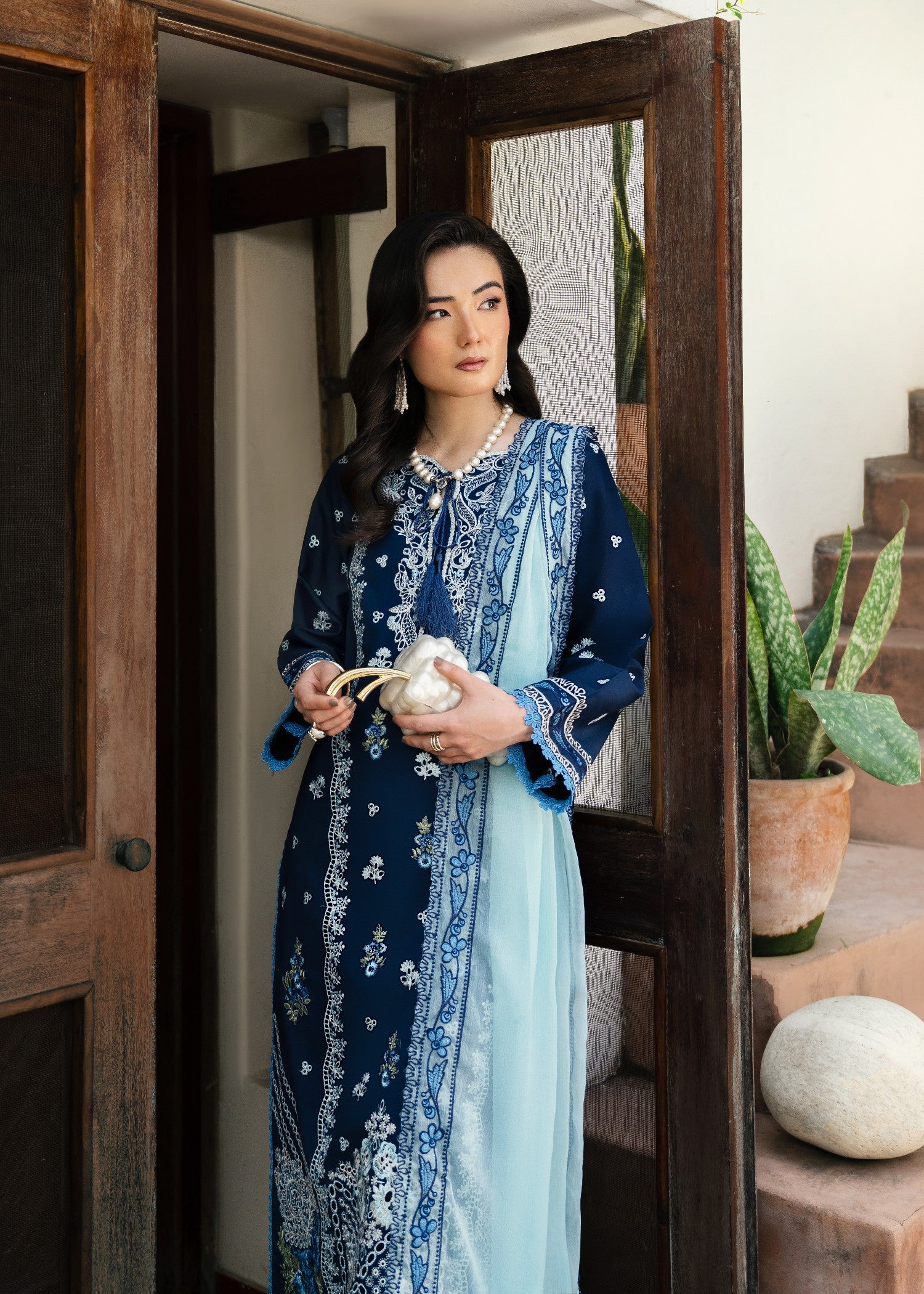 lawn Kurta Set in Powder blue, navy blue