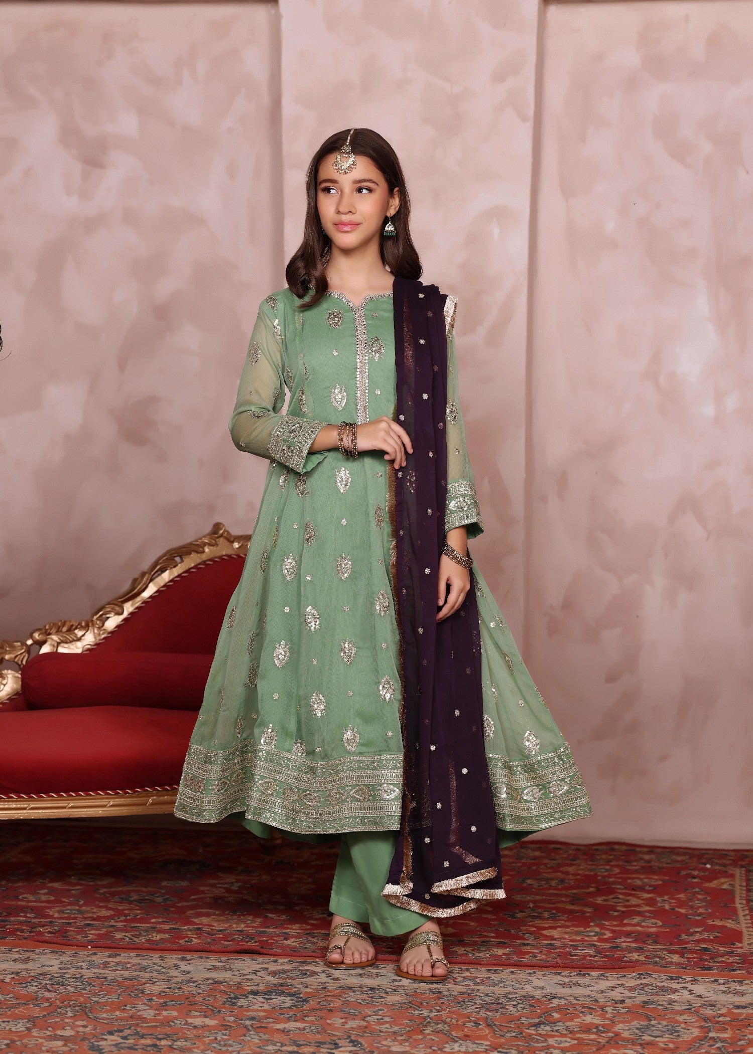 chiffon Pishwas in Pastel green