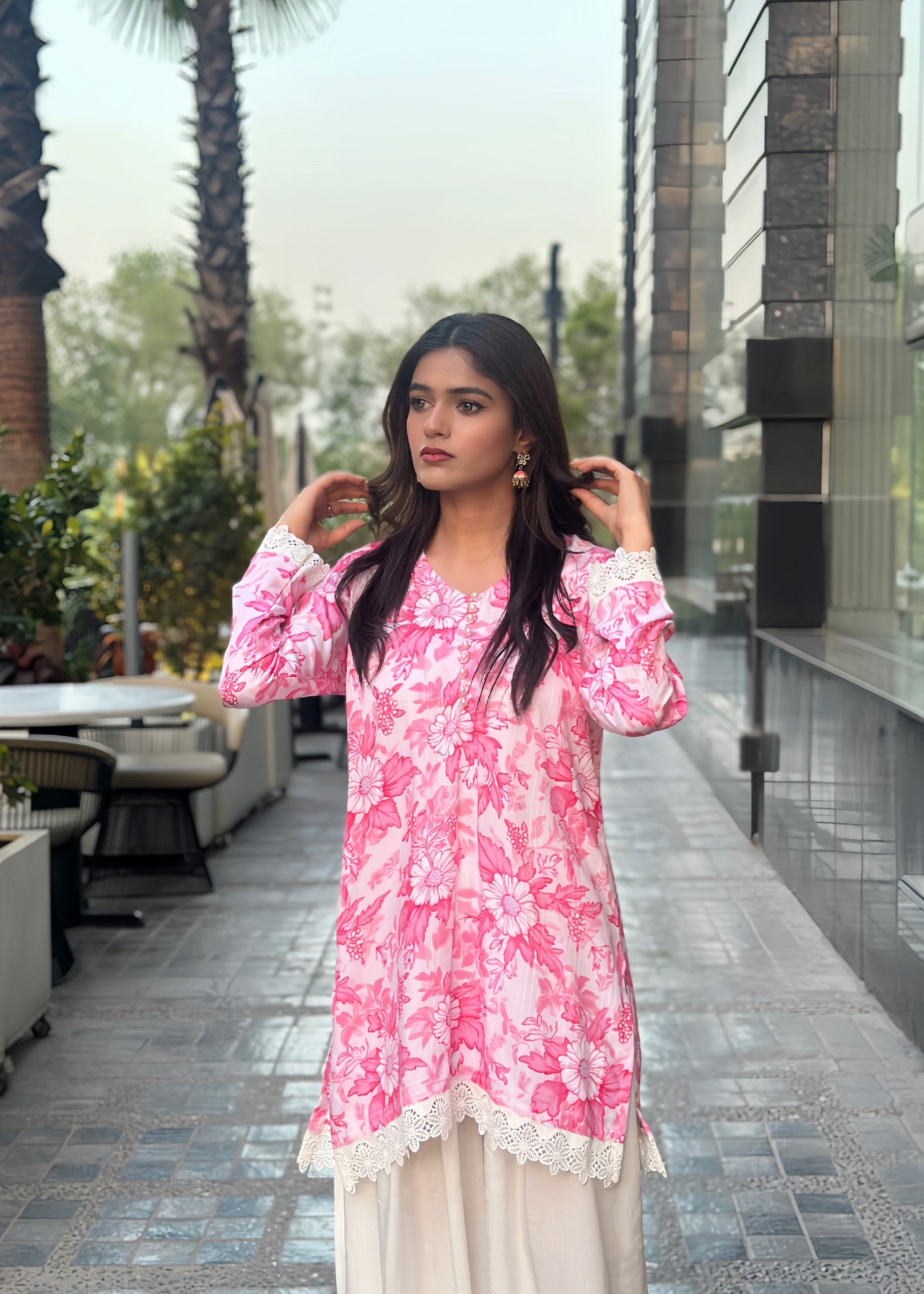 slub lawn Kurta Set in White, blush, flamingo