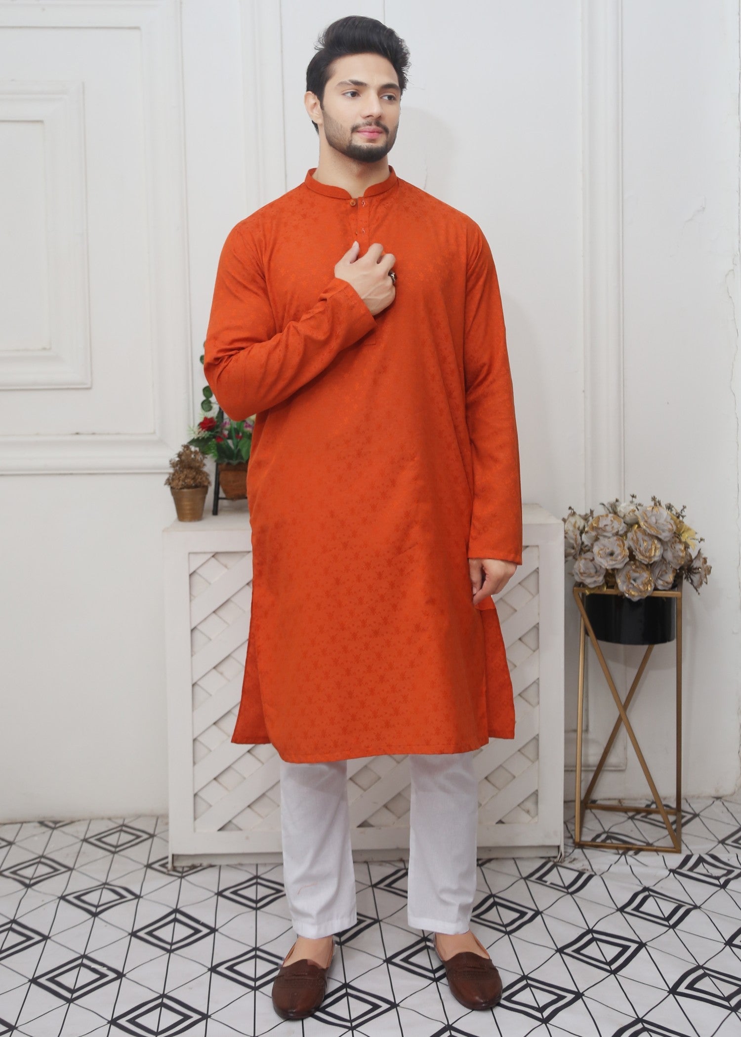 cotton jamawar Kurta in Rust orange