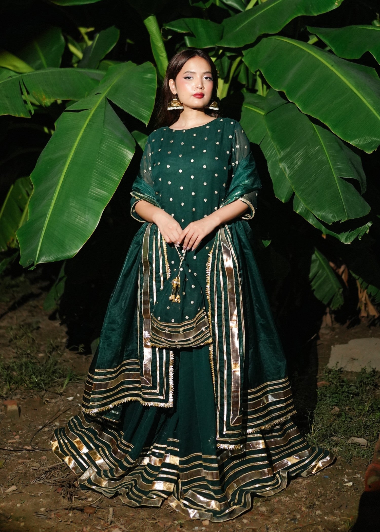 bemberg crinkle chiffon Sharara in Dark green
