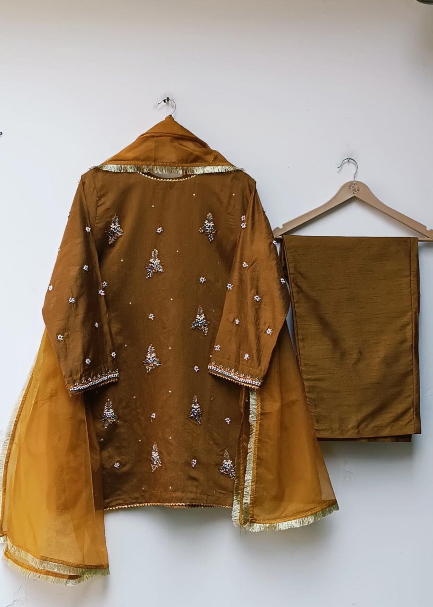 khaddi net Kurta Set in Walnut brown