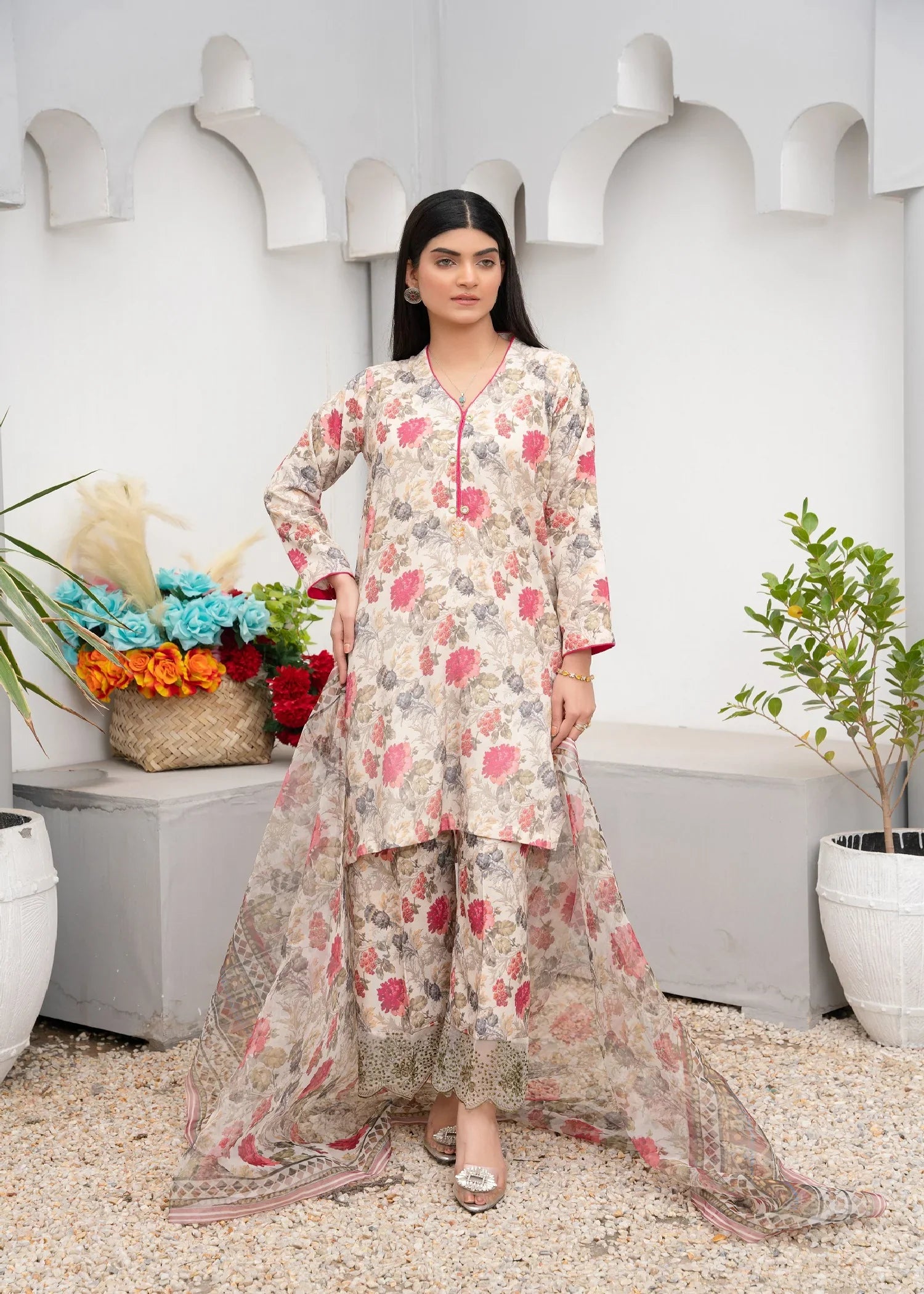 poly lawn Kurta Set in Eggshell