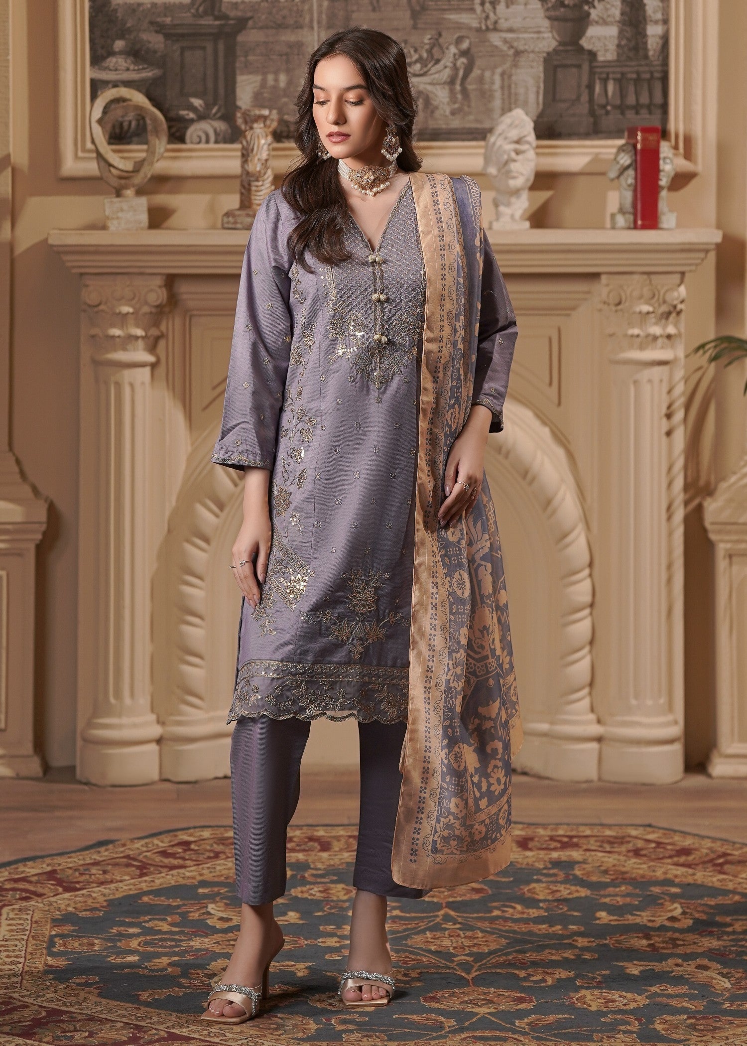 khaddi net Kurta Set in Mauve