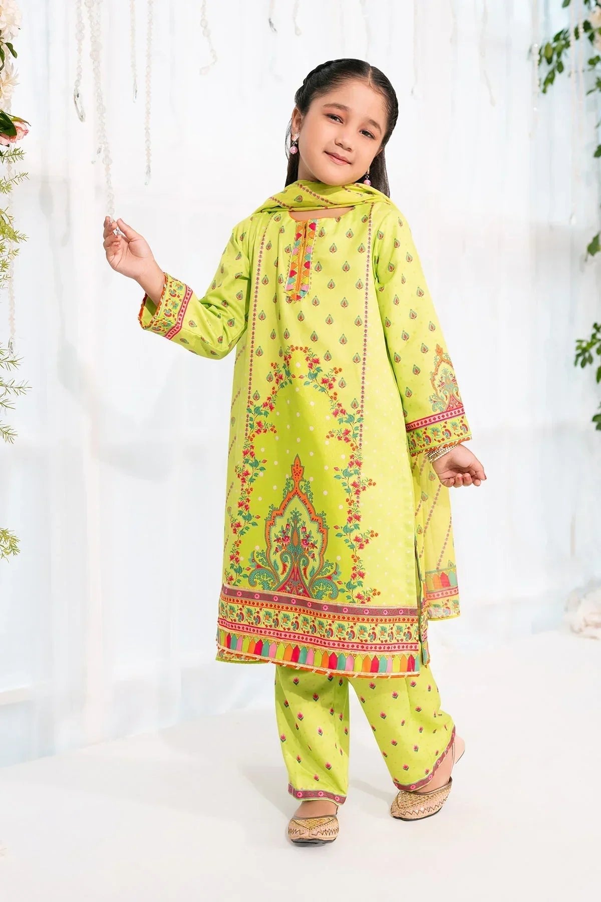 herringbone Kurta Set in Lime green