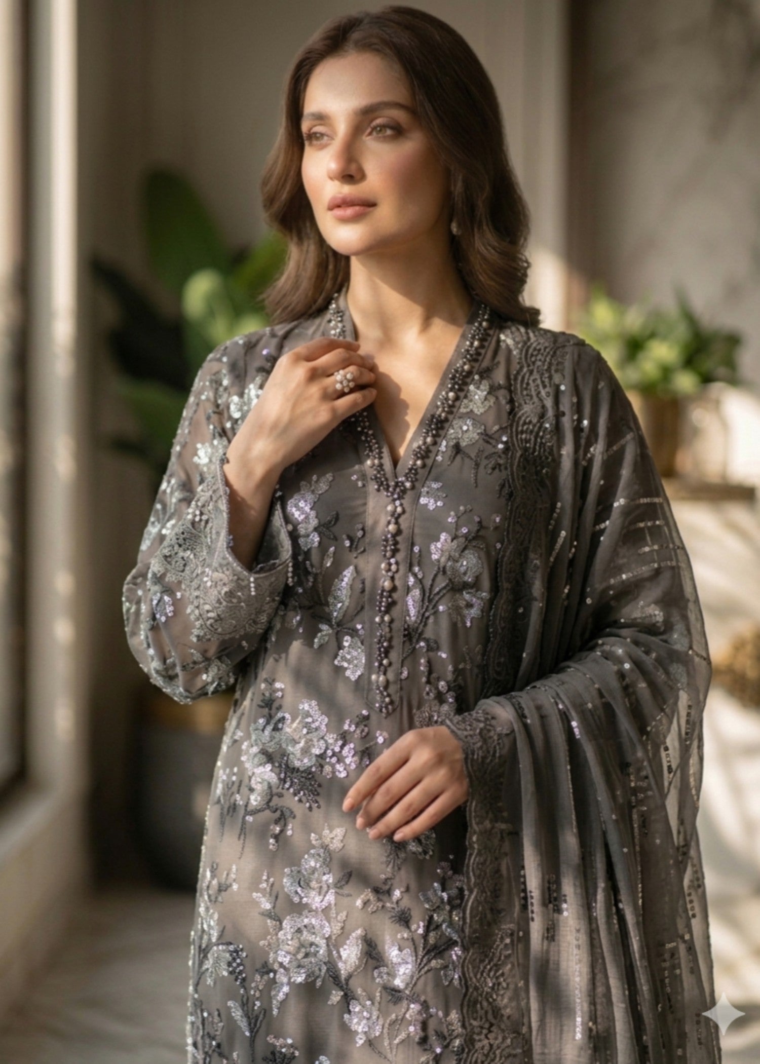chiffon Kurta Set in Slate black