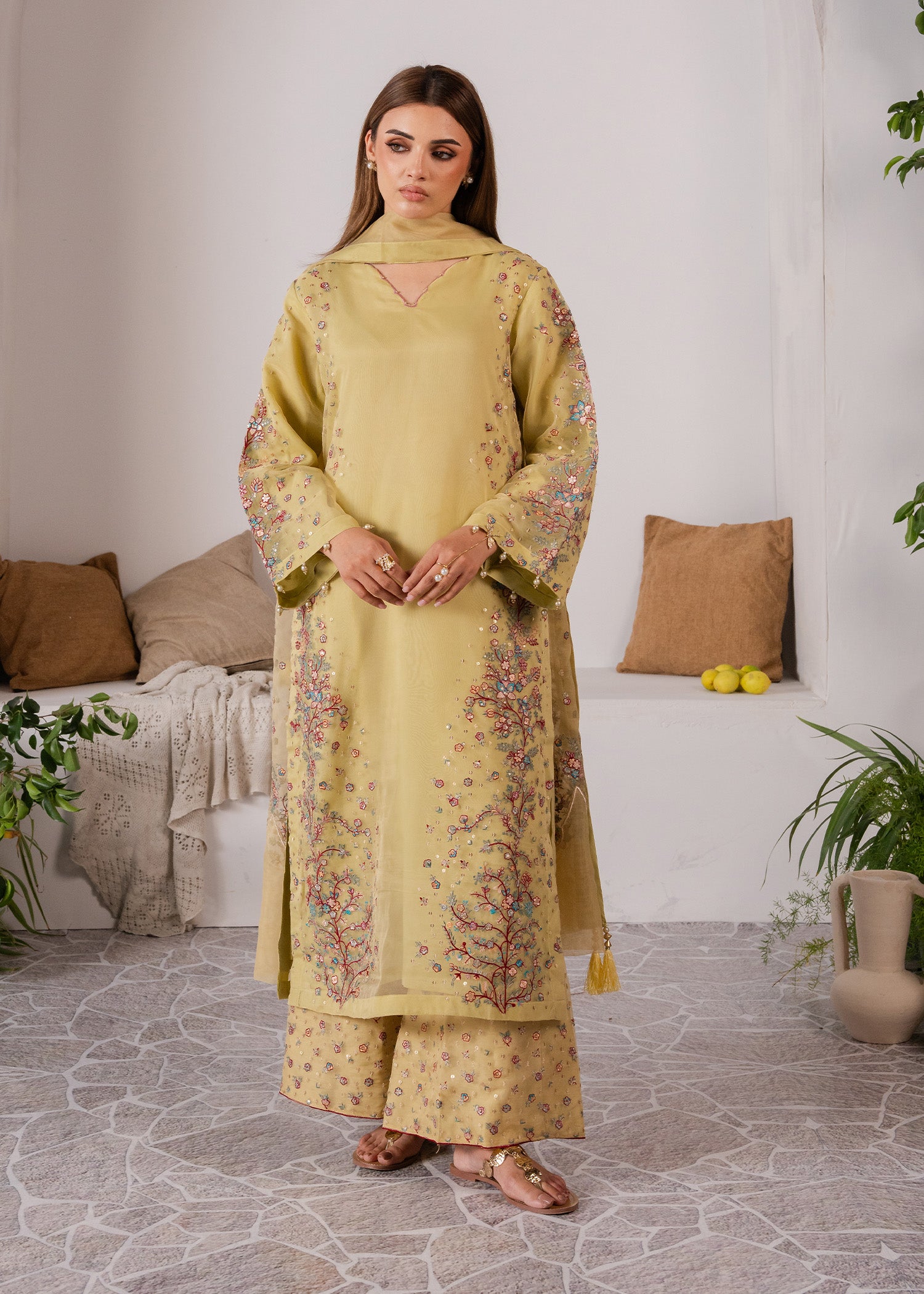 organza Kurta Set in Yellow green