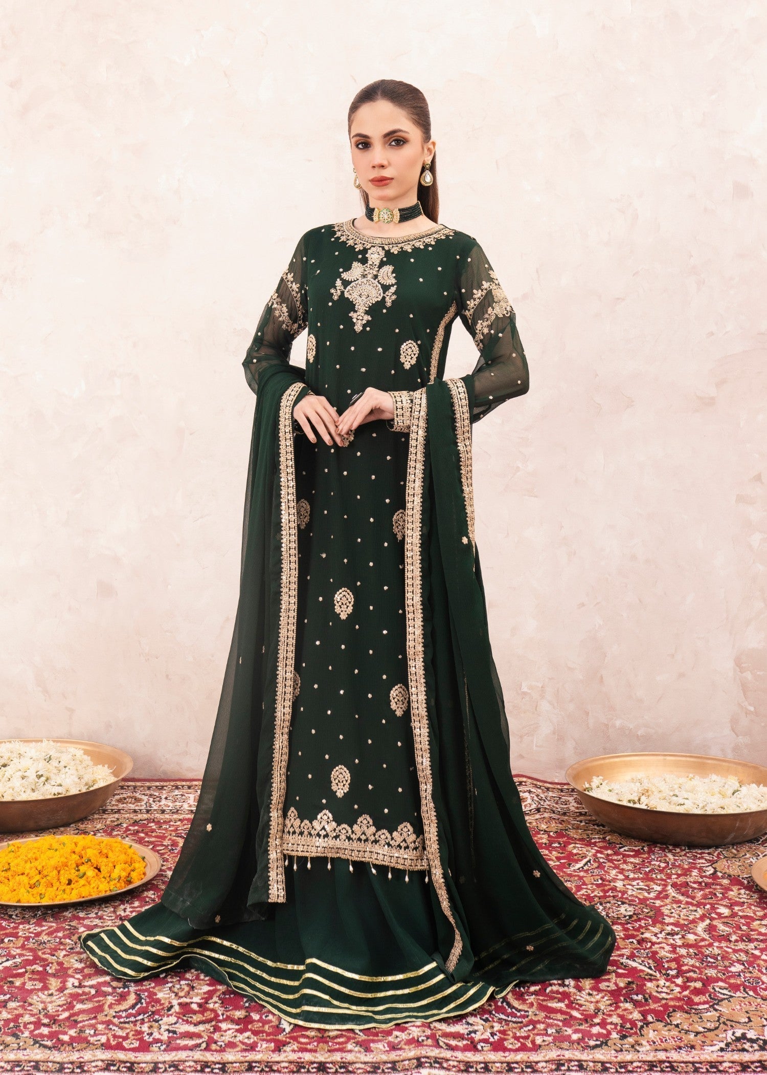 chiffon Lehenga in Dark green