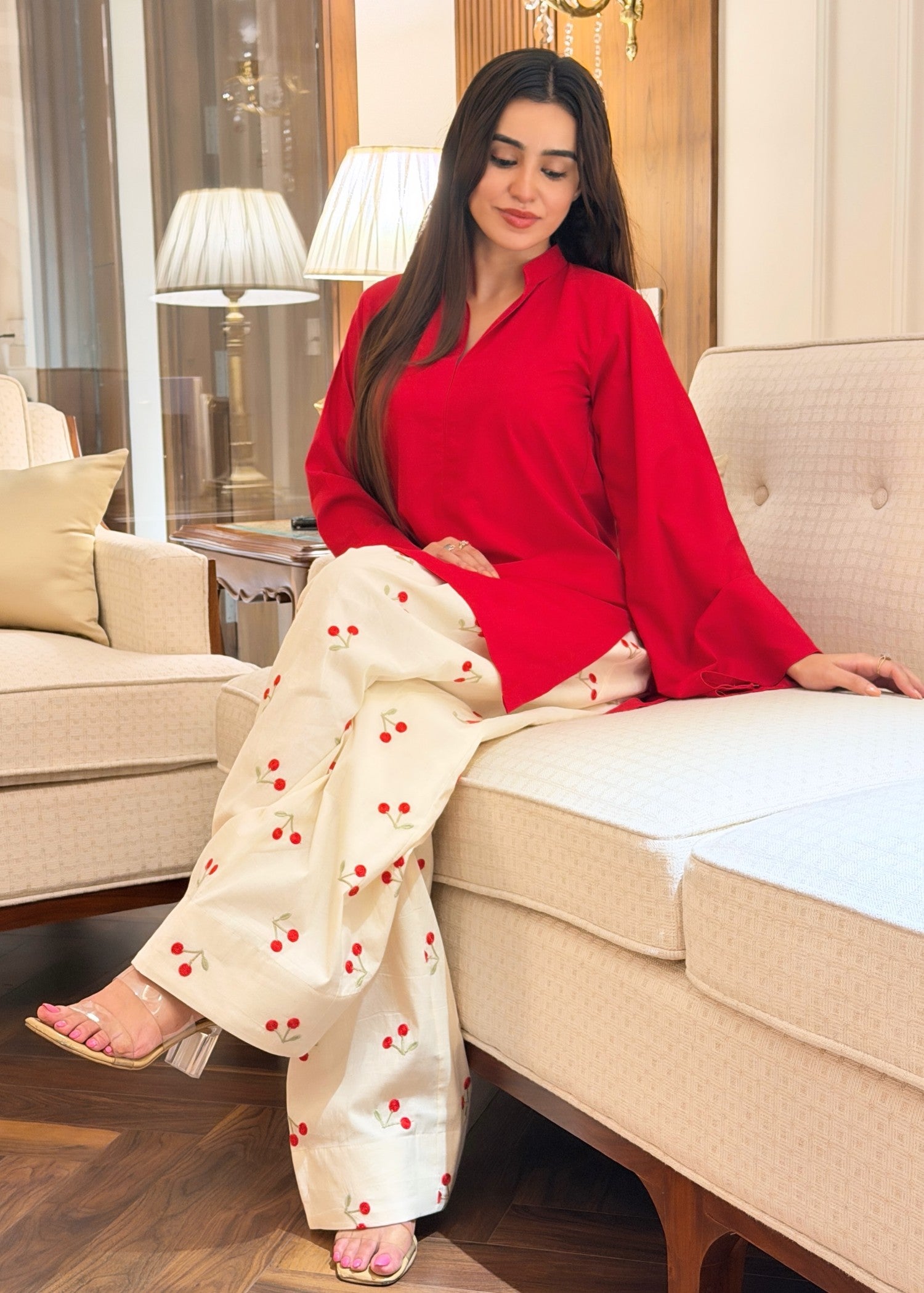 arabic lawn Kurta Set in Red, cream