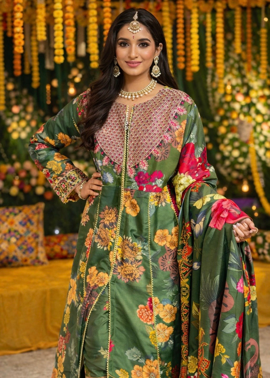 corduroy Anarkali in Bottle green