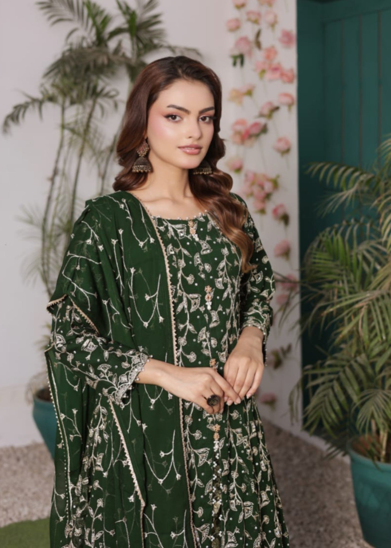 bemberg crinkle chiffon Lehenga in Bottle green