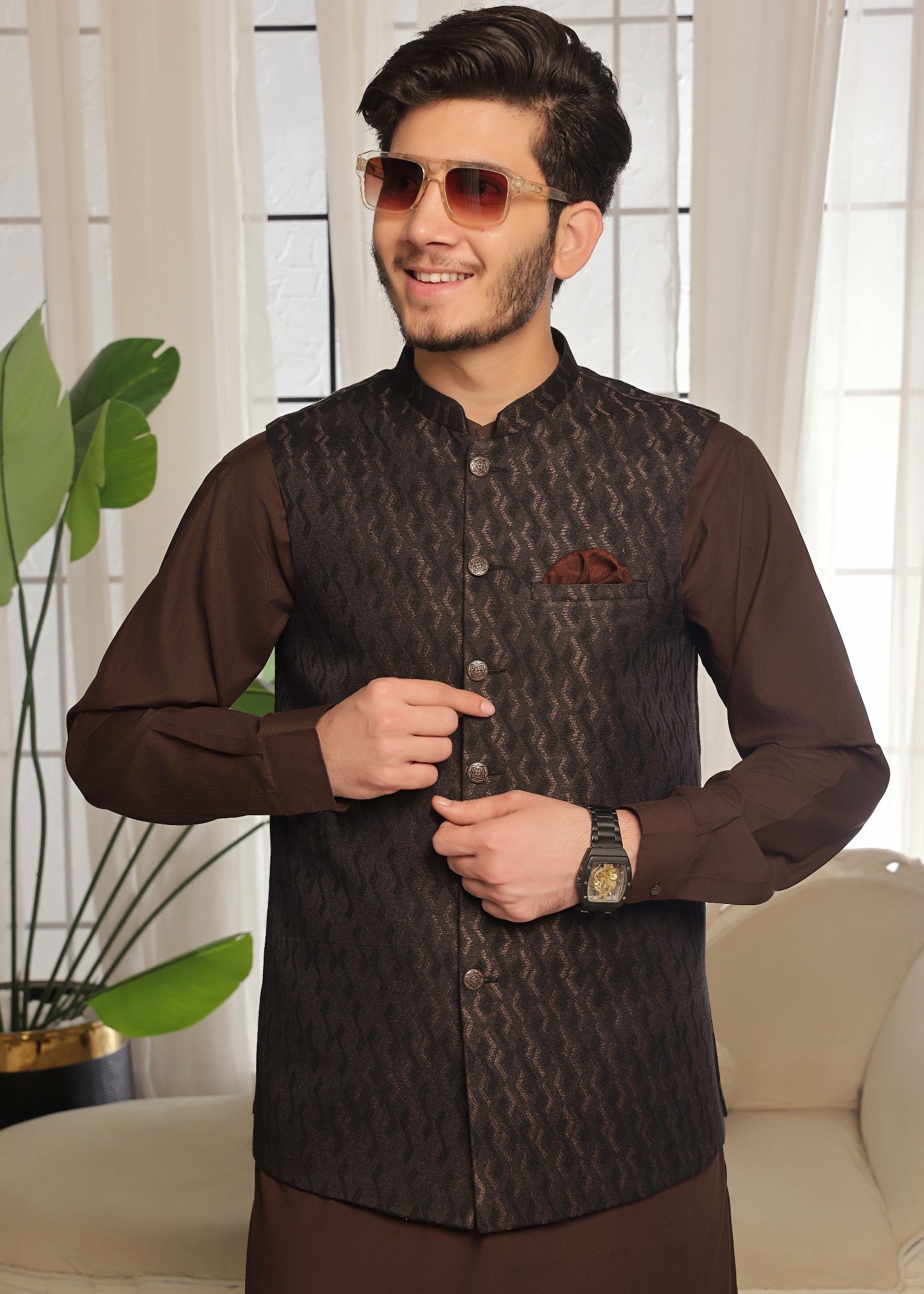 jamawar Waistcoat in Chocolate brown by The Great Masters (TGM)