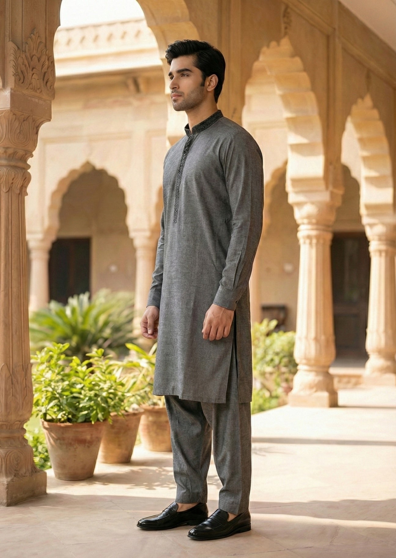 textured wash & wear Shalwar Kameez in Charcoal