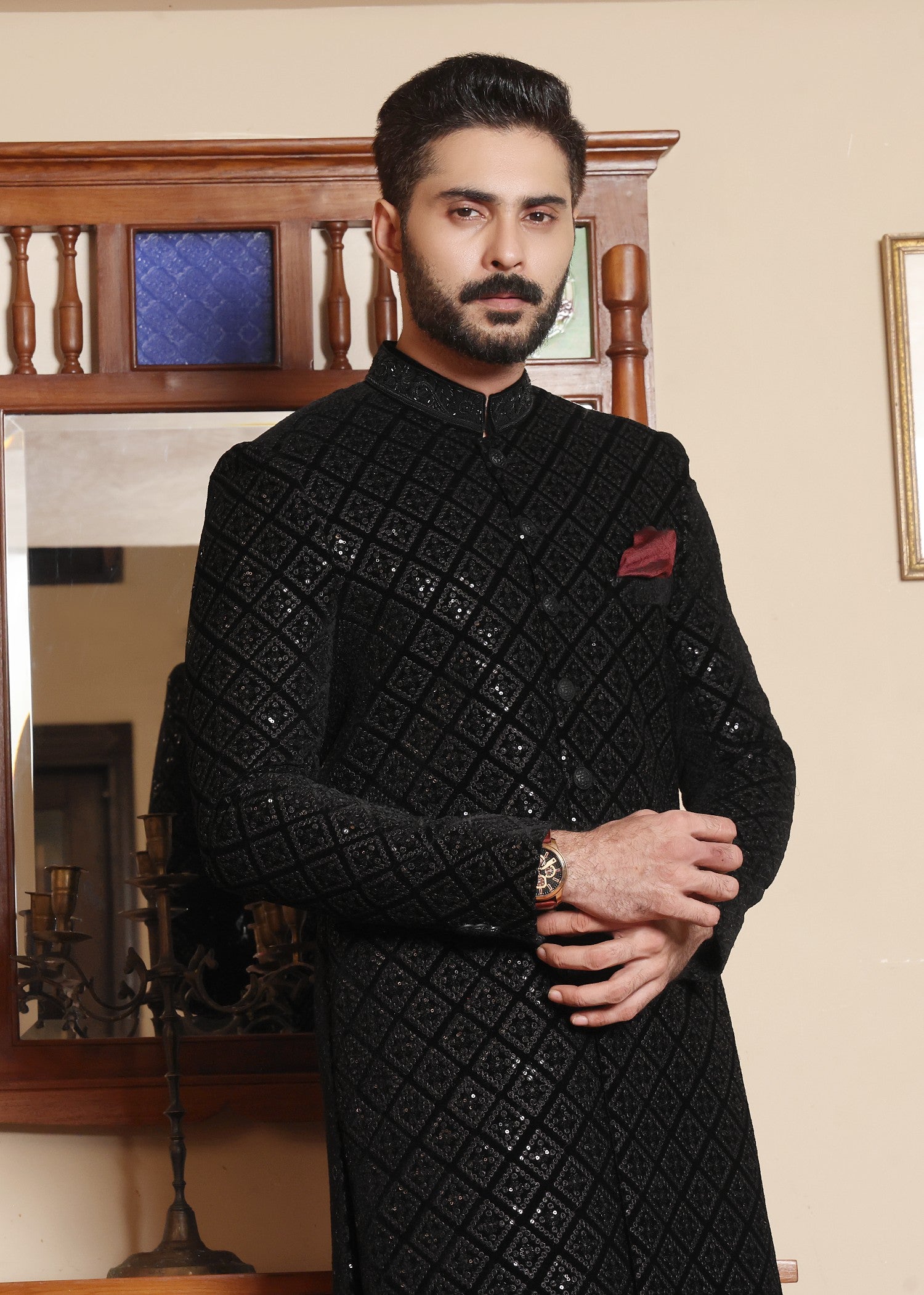velvet Sherwani in Black