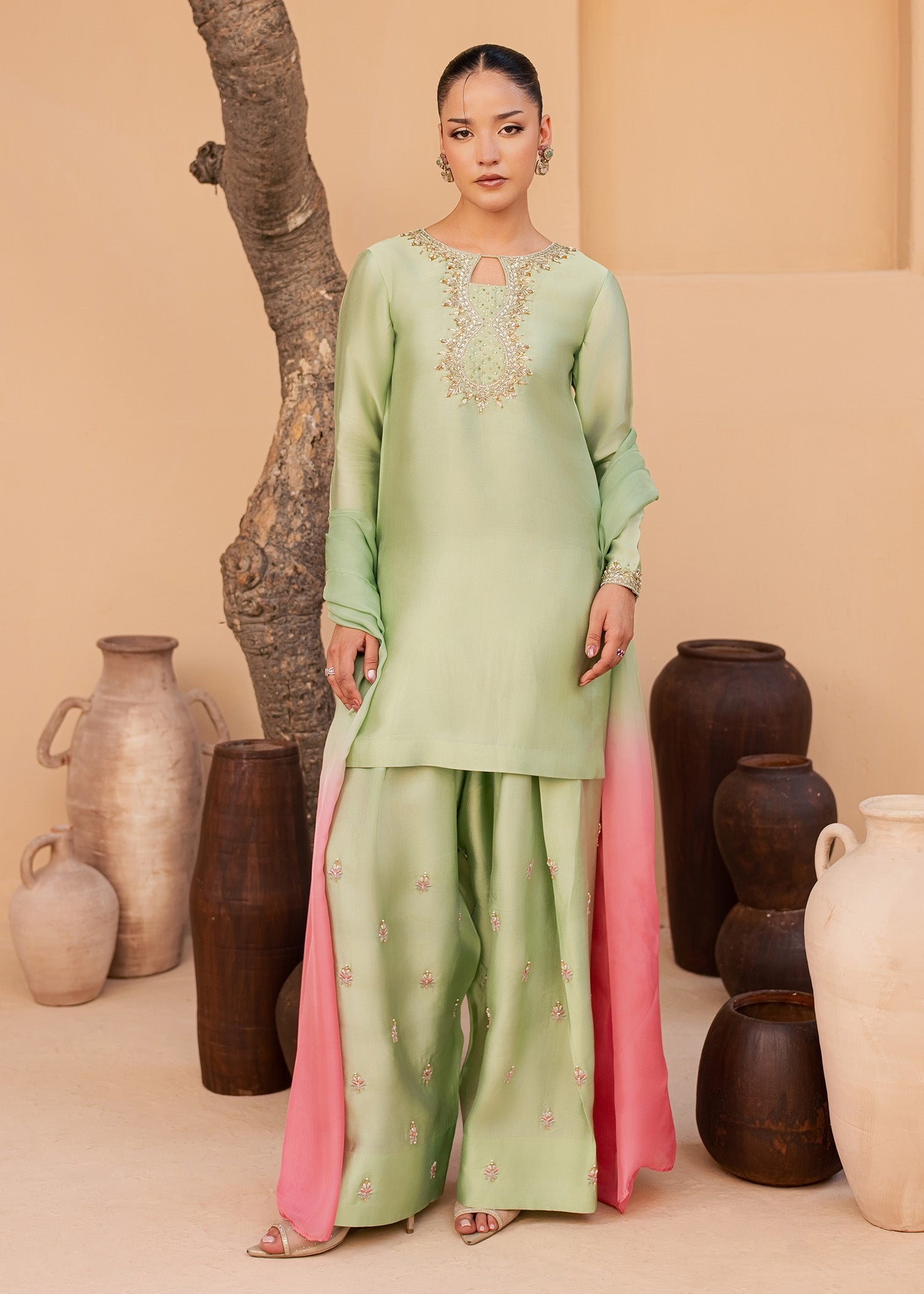 tussar silk Kurta Set in Mint green