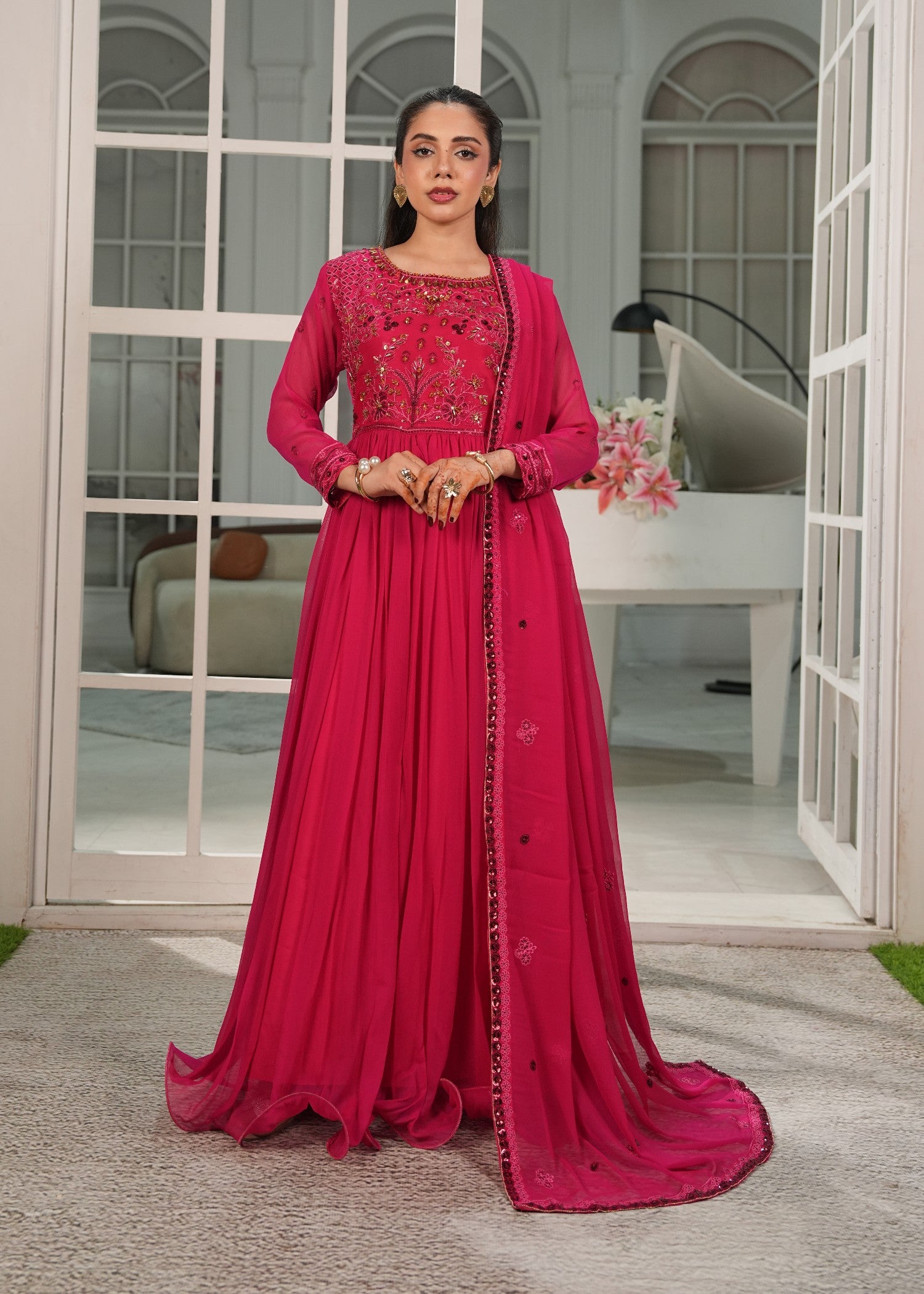 crinkle chiffon Maxi in Deep pink