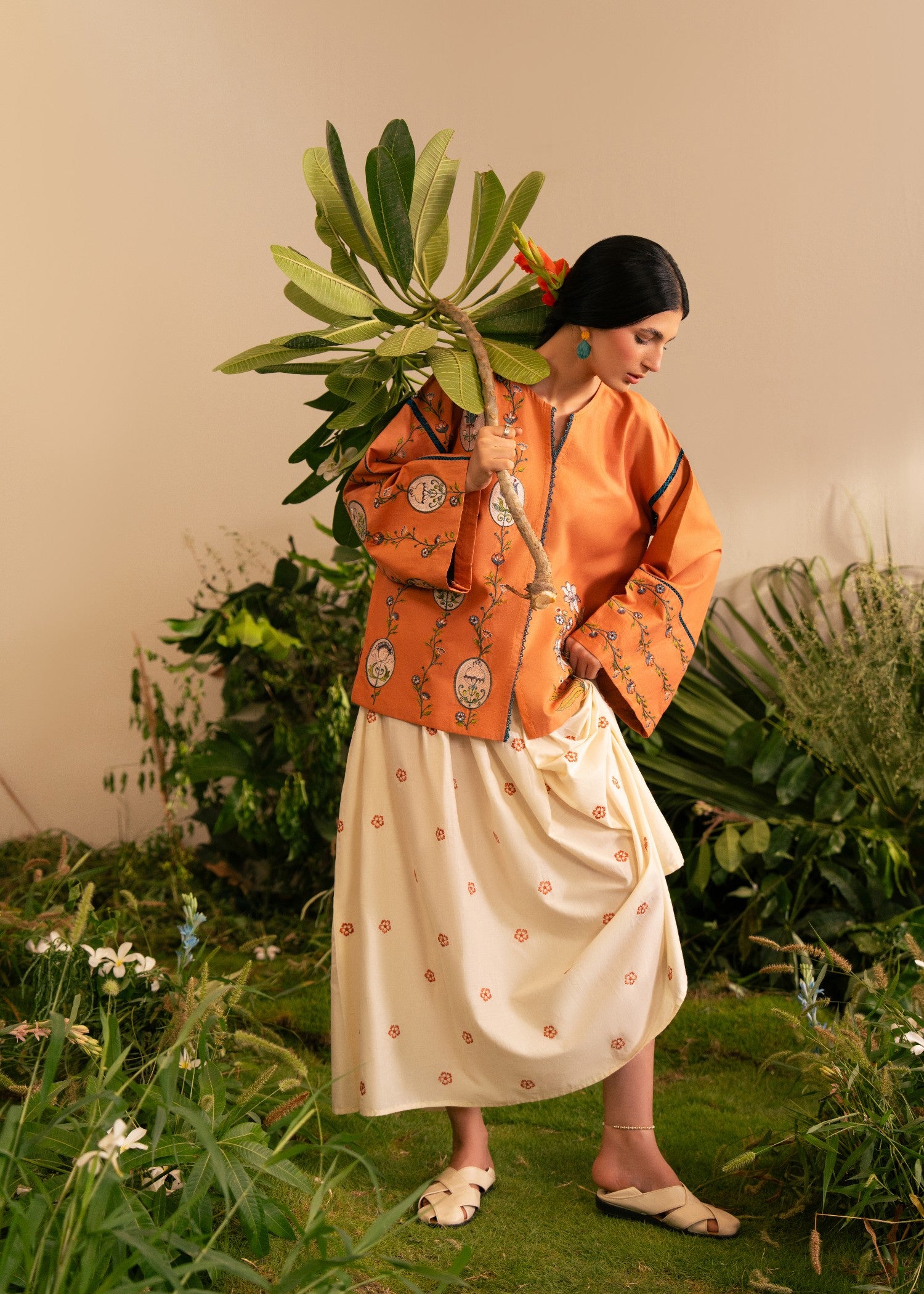 lawn cotton Skirt in Cream, rust orange