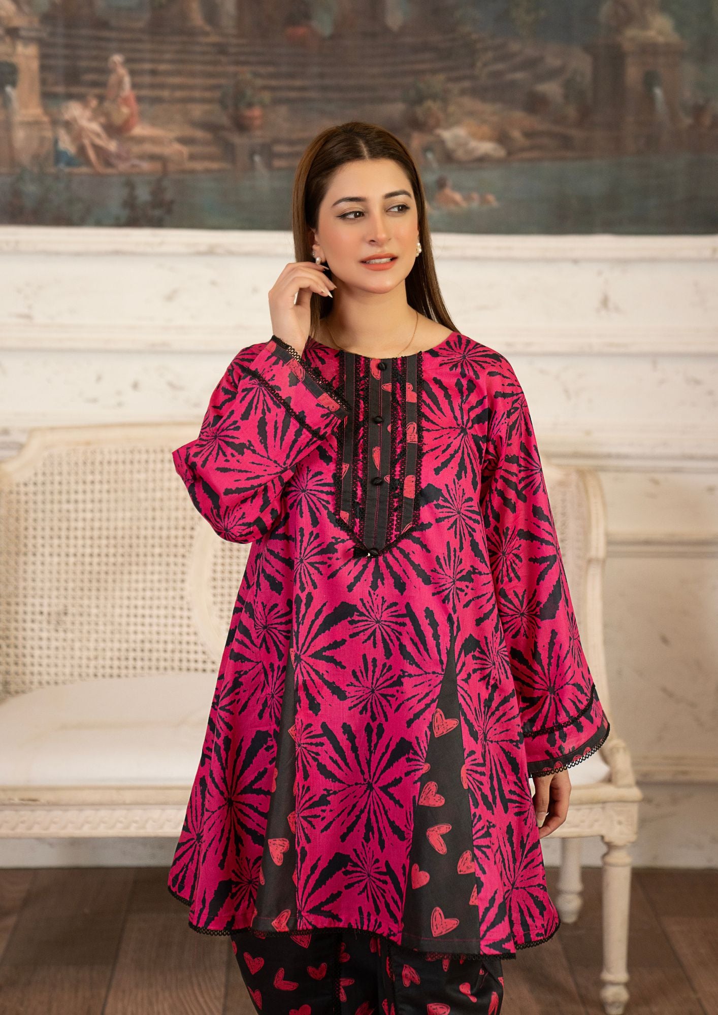 lawn Peplum in Black, hot pink