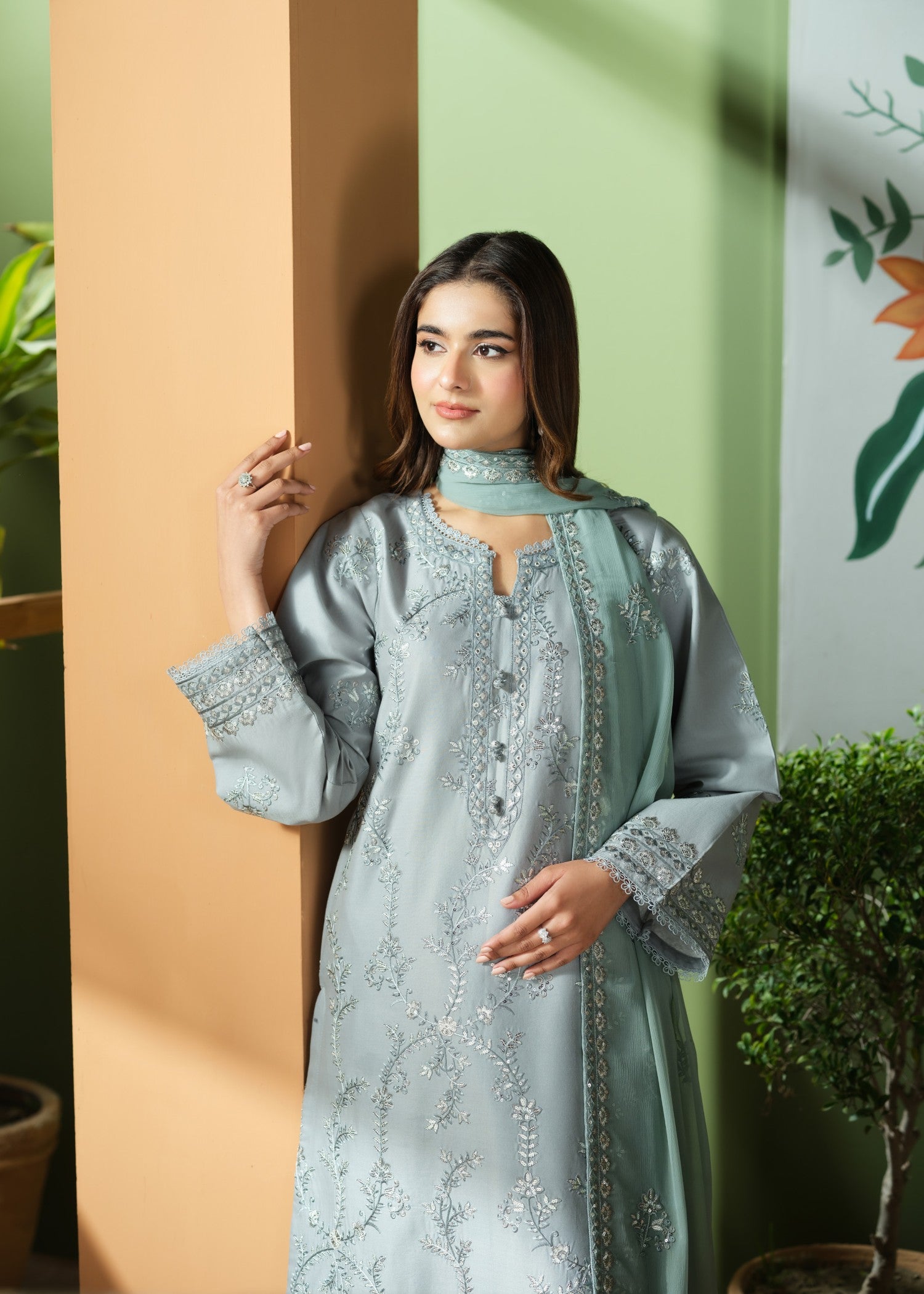 cambric cotton Kurta Set in Pastel grey