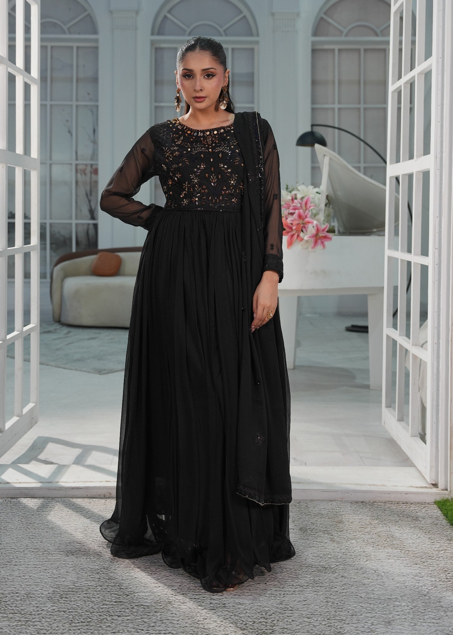 crinkle chiffon Maxi in Black