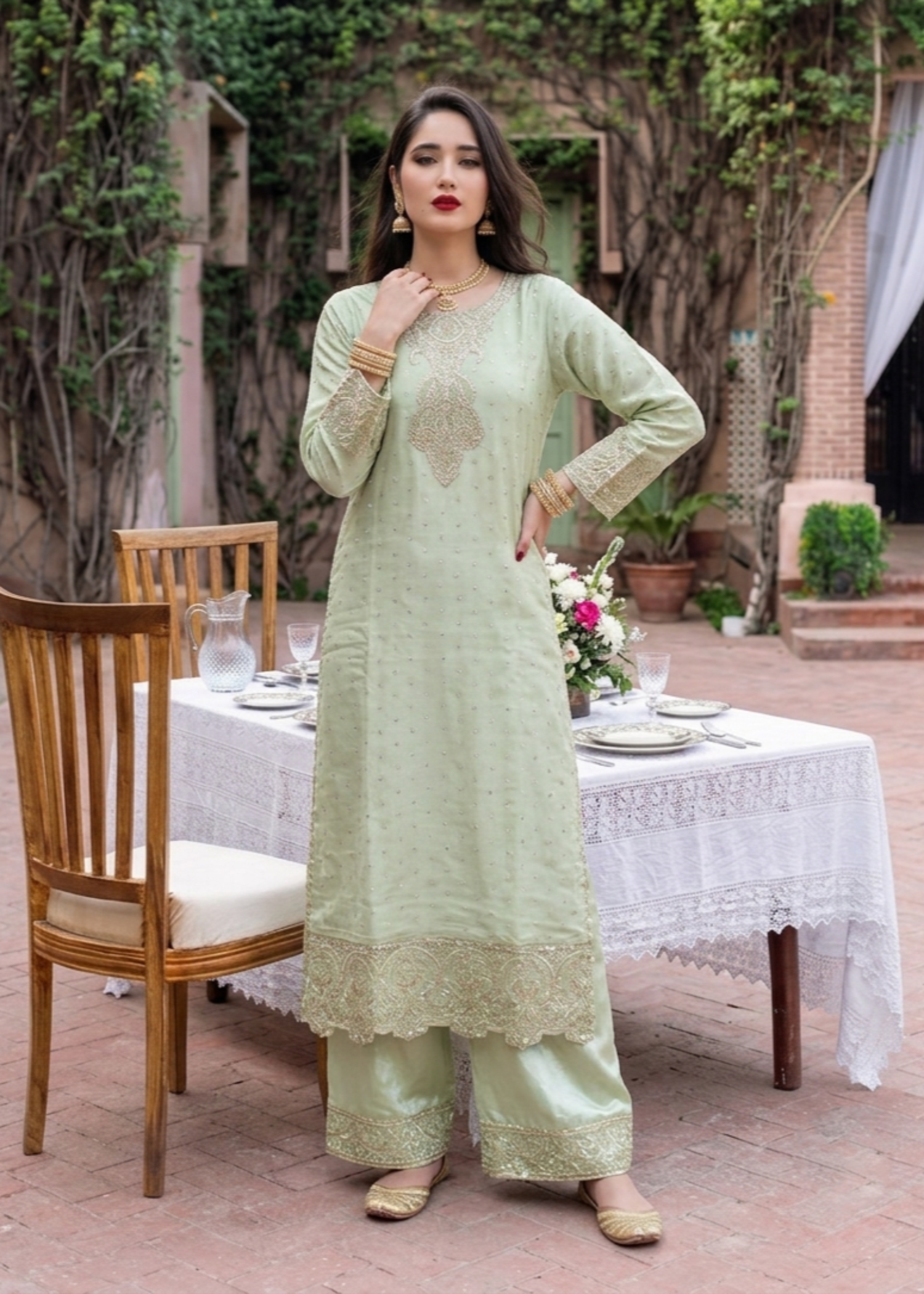 chiffon Kurta Set in Pistachio green