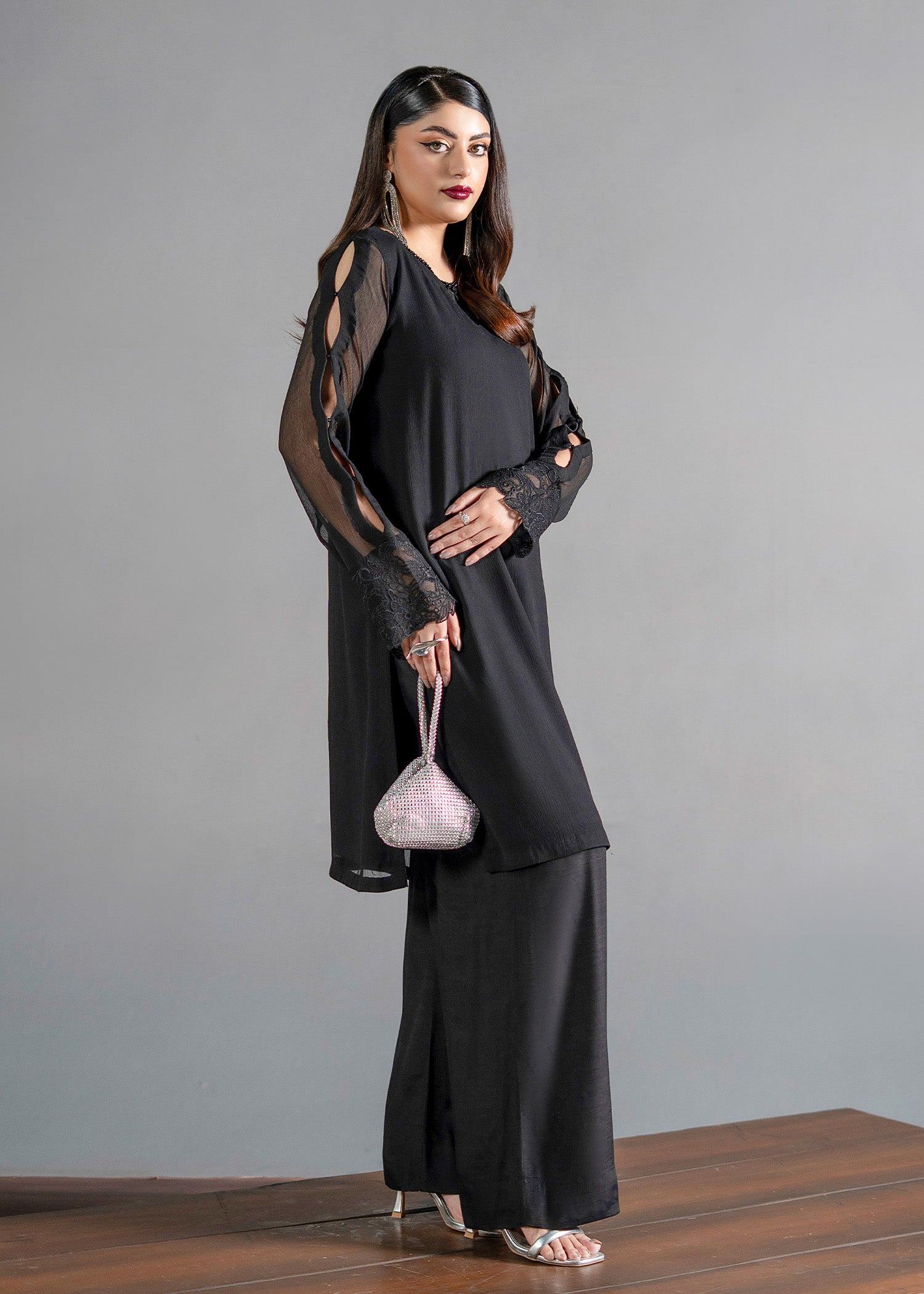 chiffon Kurta Set in Black