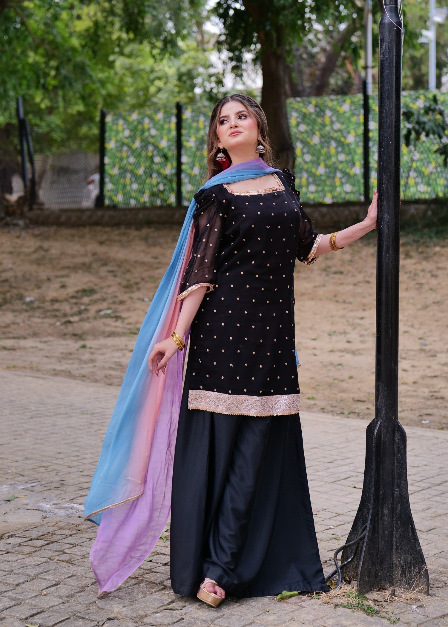 crinkle chiffon Sharara in Jet black