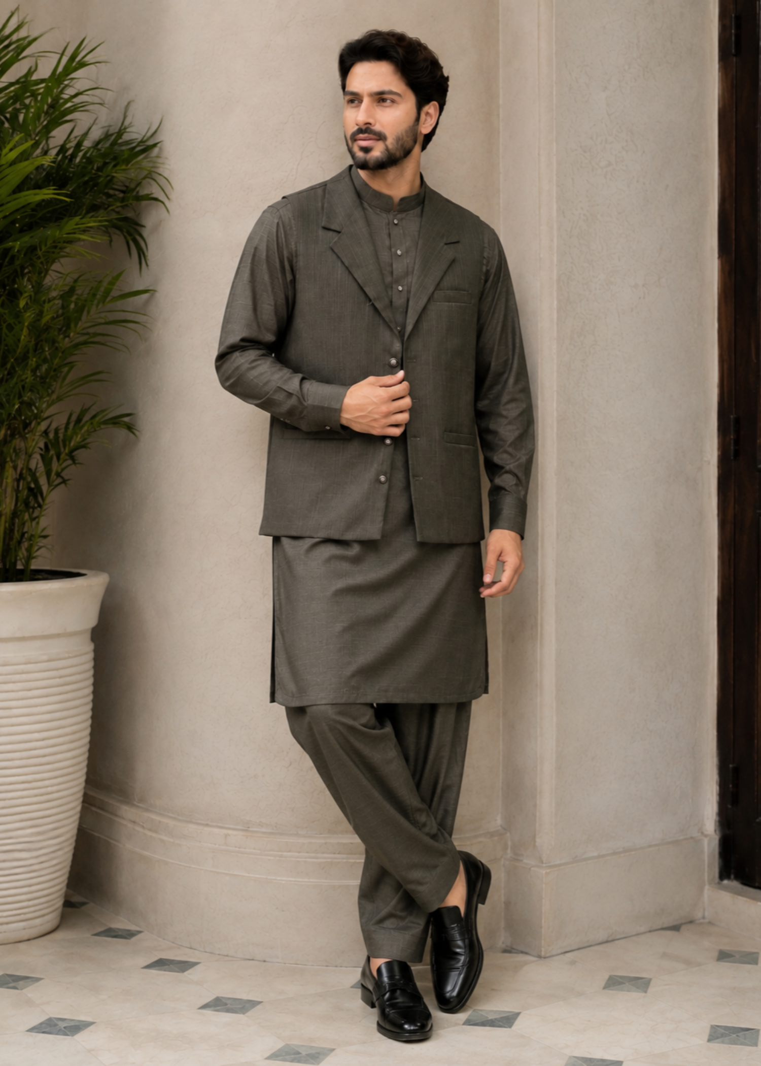 textured wash & wear Waistcoat in Army green