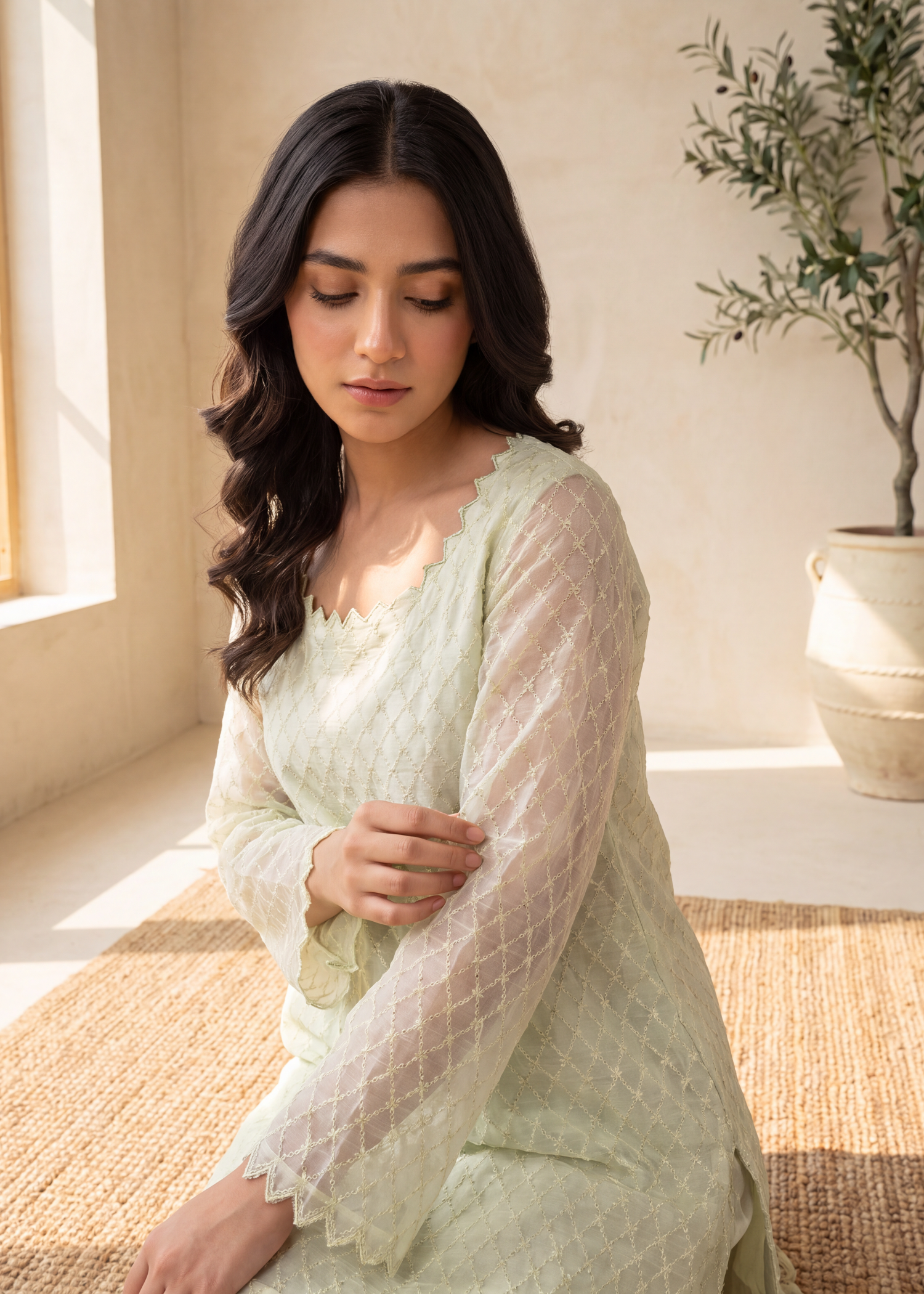 cambric cotton Kurta Set in Tea green