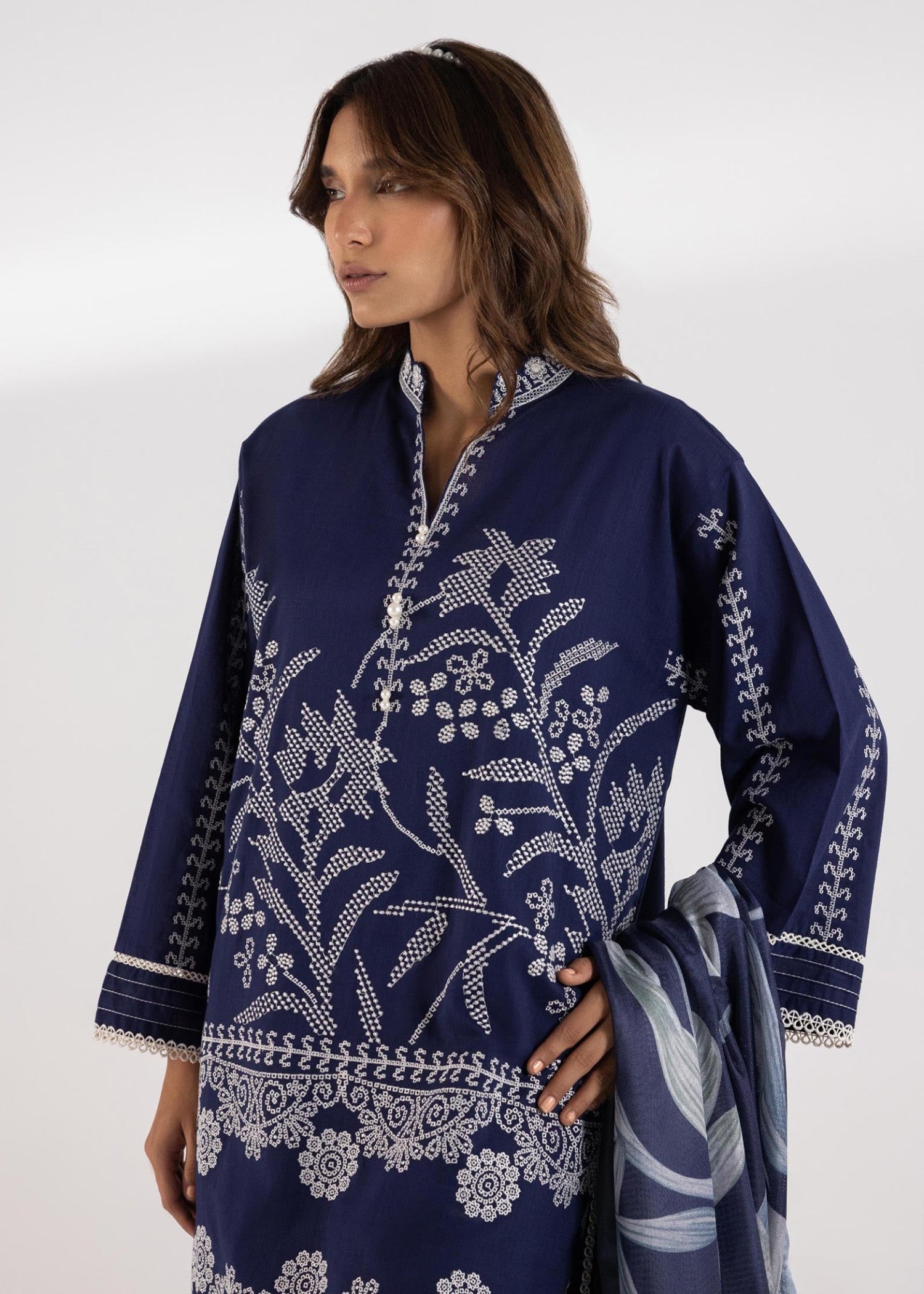 slub lawn Kurta Set in Navy blue