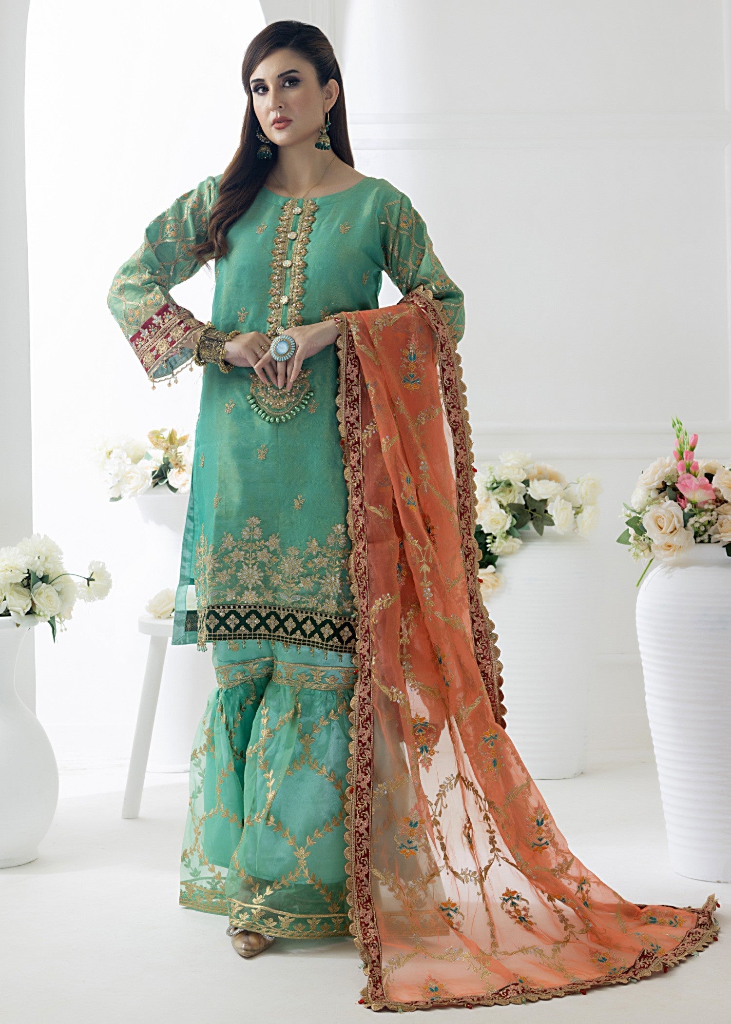 masuri Gharara in Mint green