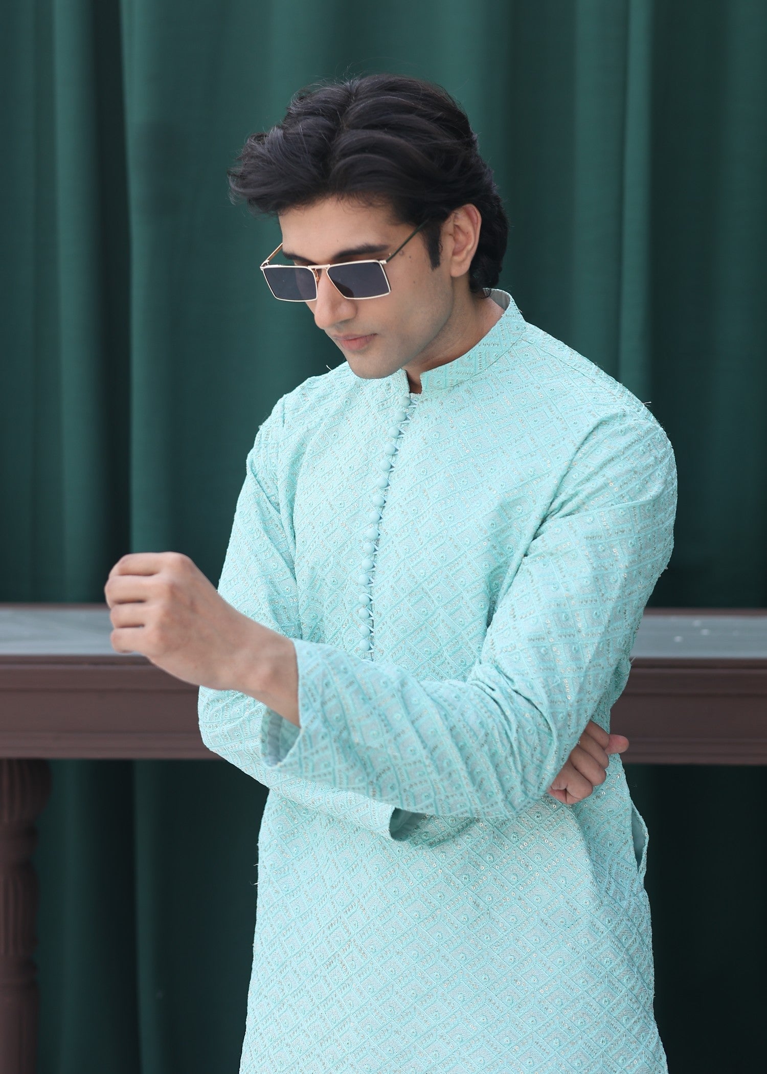 raw silk Kurta Set in Aquamarine