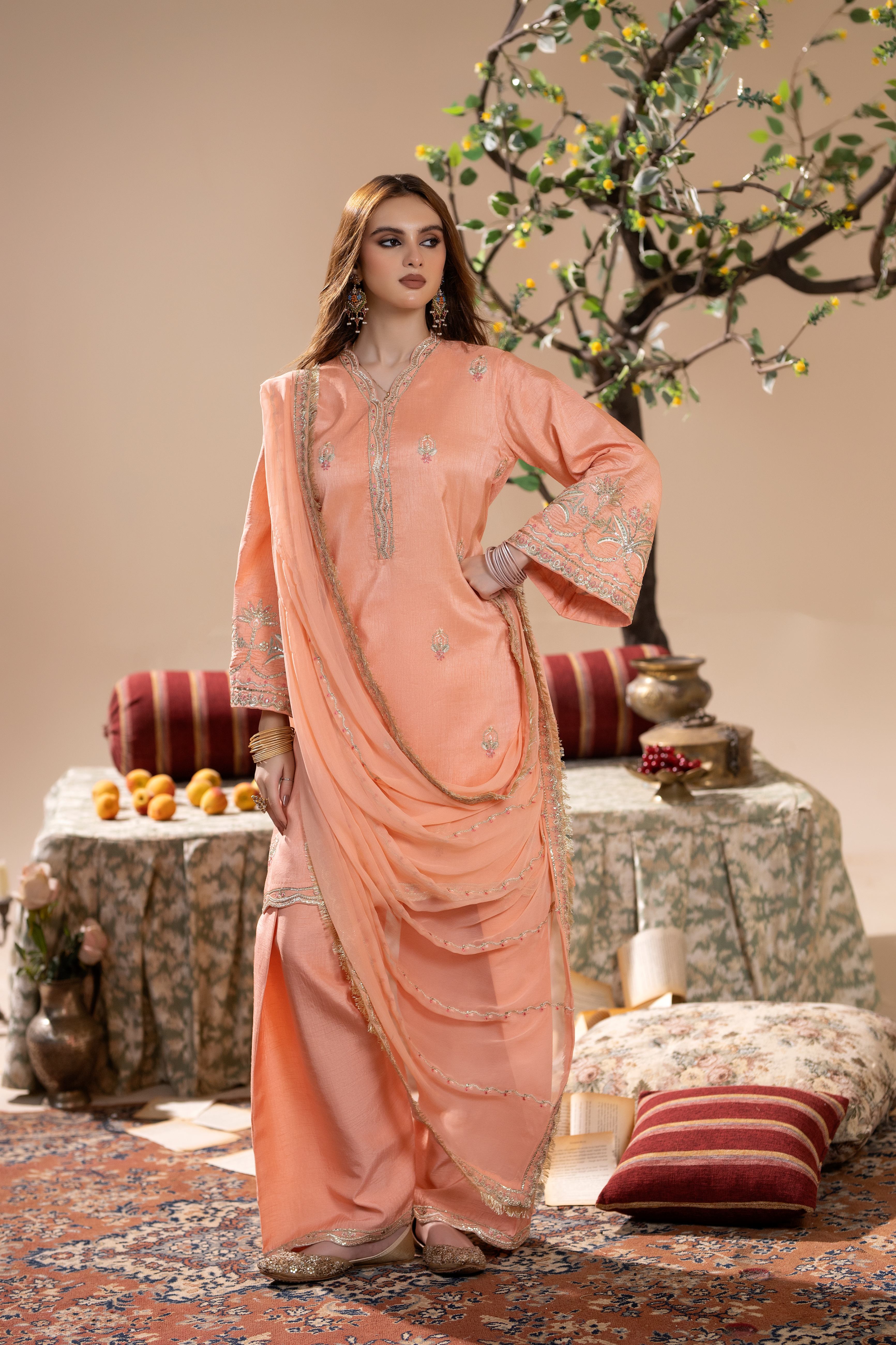 korean raw silk Kurta Set in Apricot orange