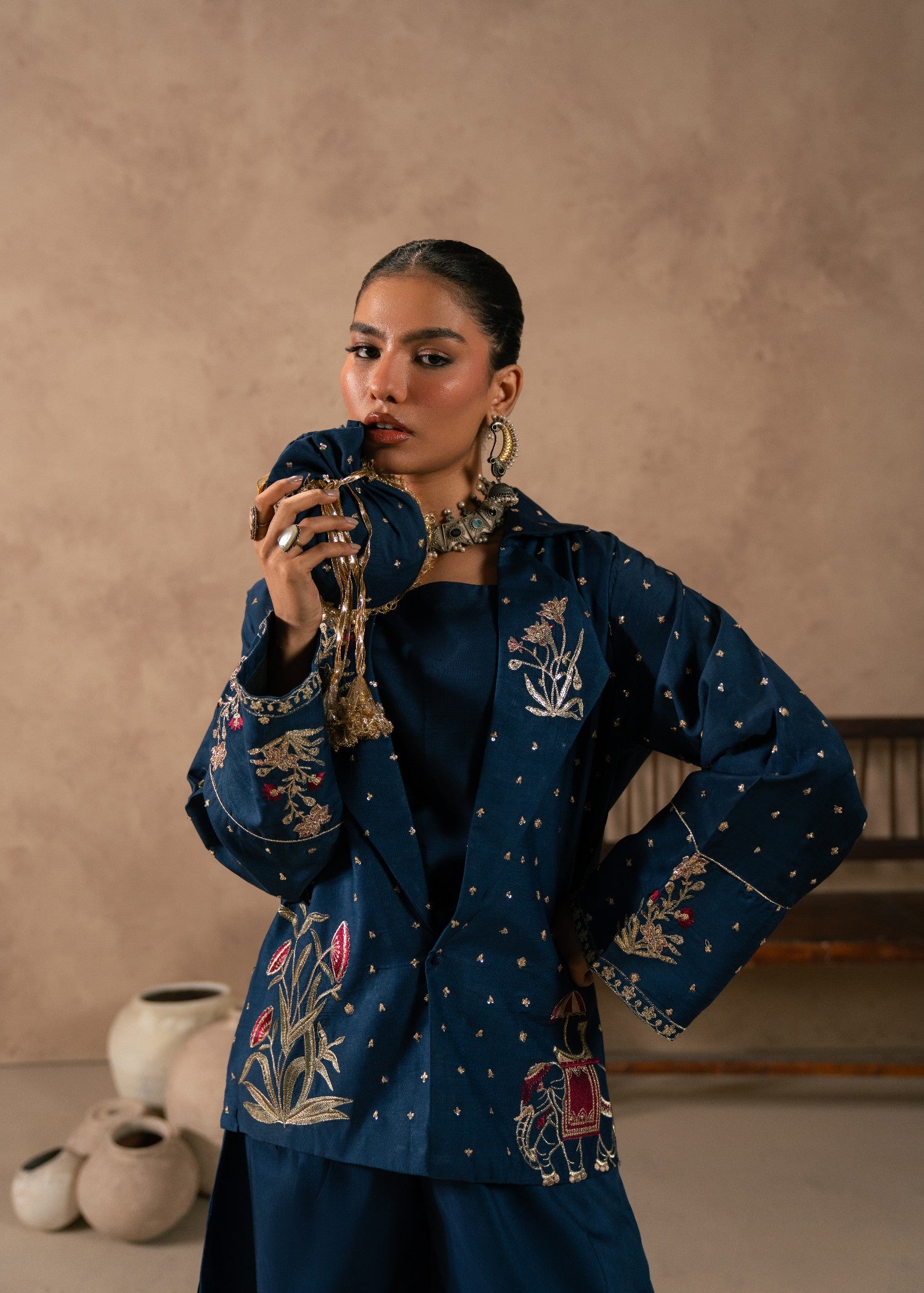 viscose thai silk Jacket in Dark blue