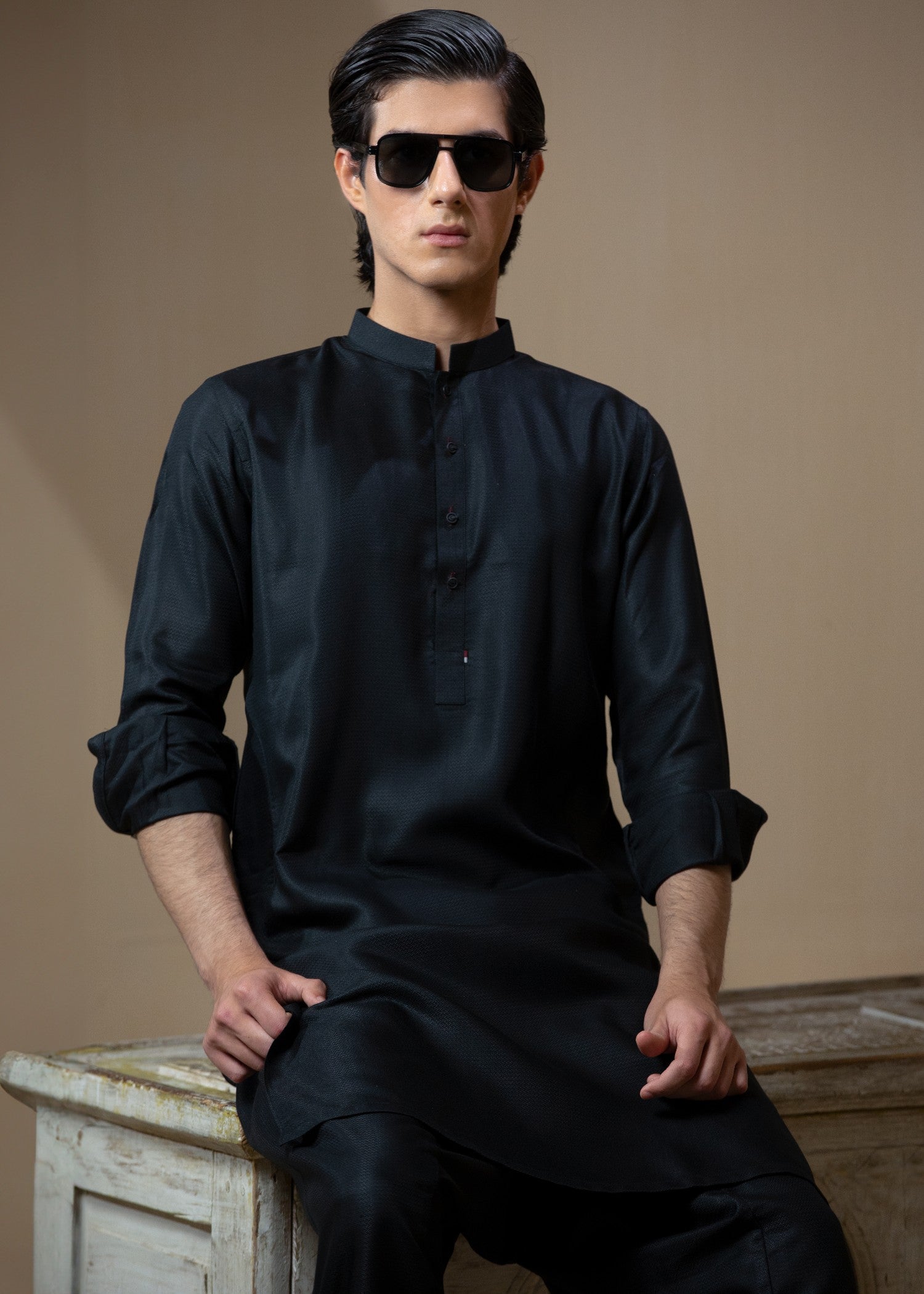 textured wash & wear Shalwar Kameez in Black