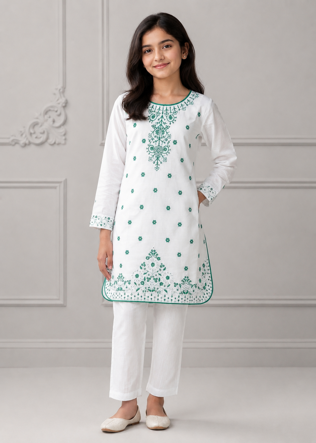 cotton Kurta Set in White, sea green