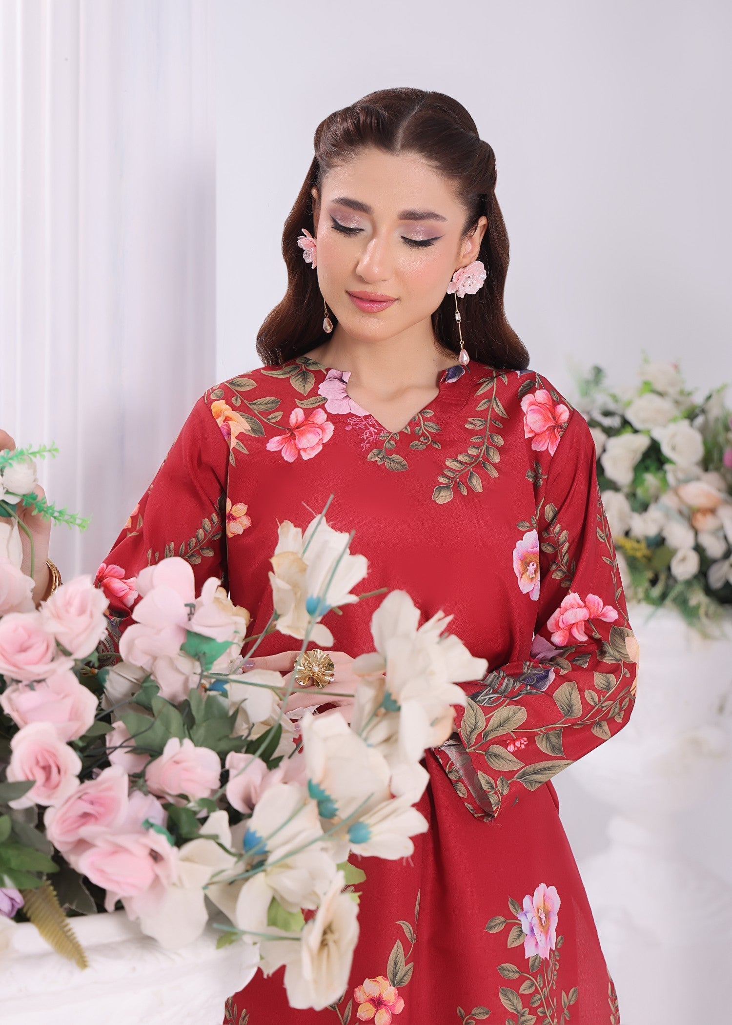 poly lawn Co Ord Sets in Blood red