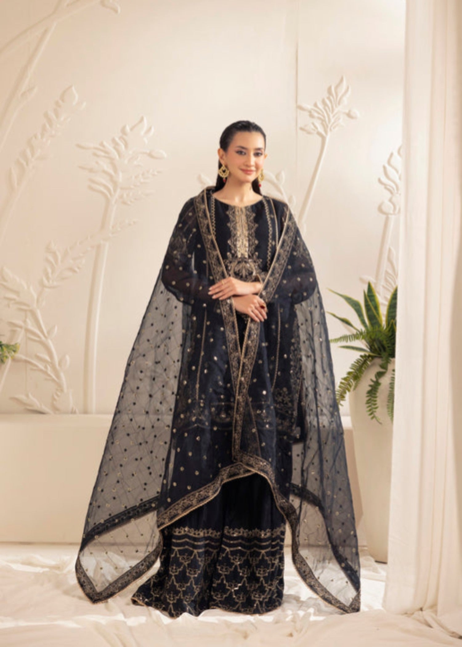 bemberg crinkle chiffon Gharara in Jet black