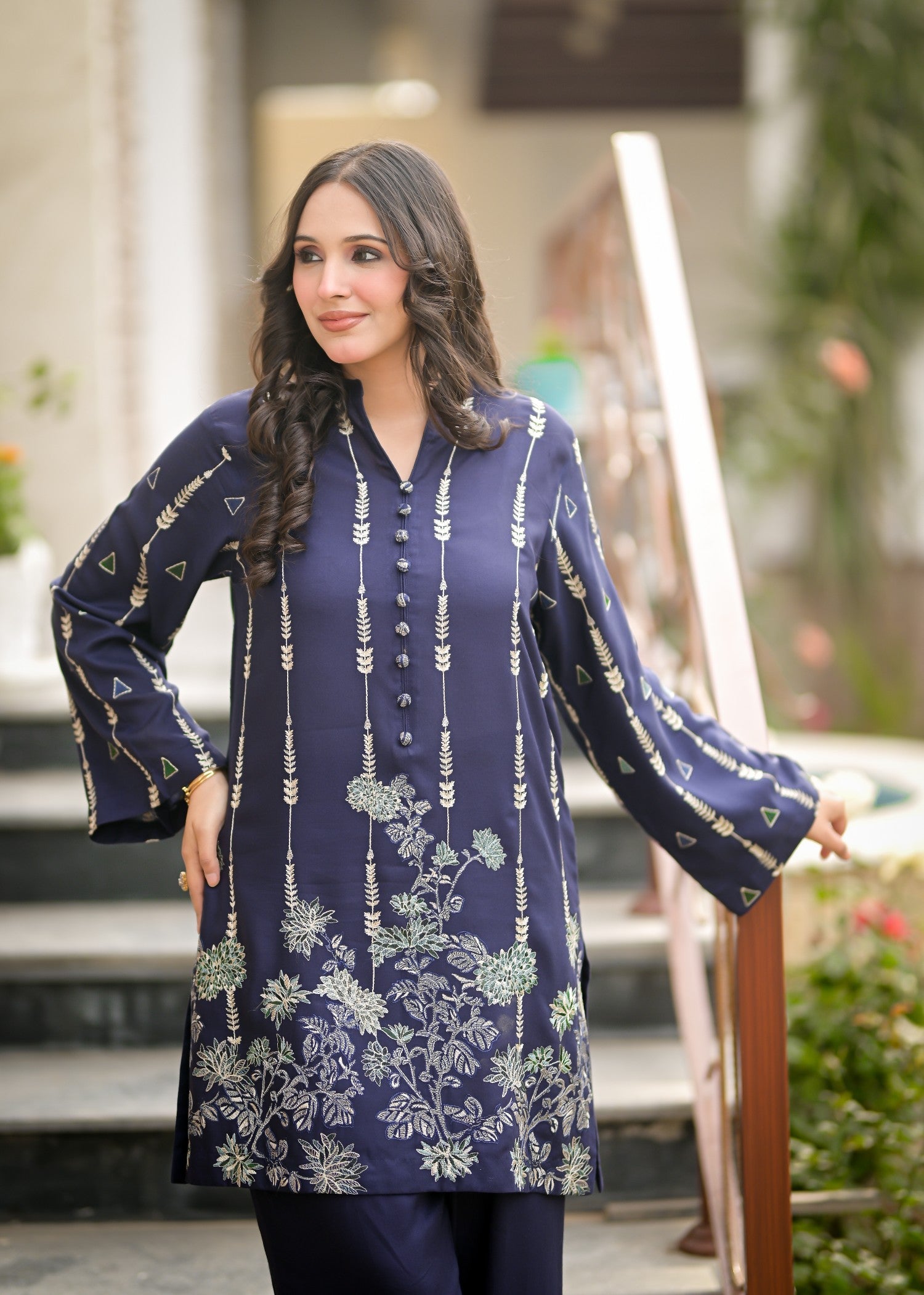 linen Kurta Set in Navy blue