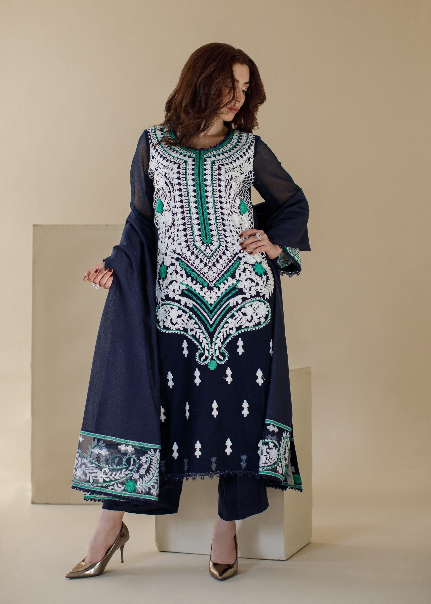 poly silk cotton net Kurta Set in Navy blue