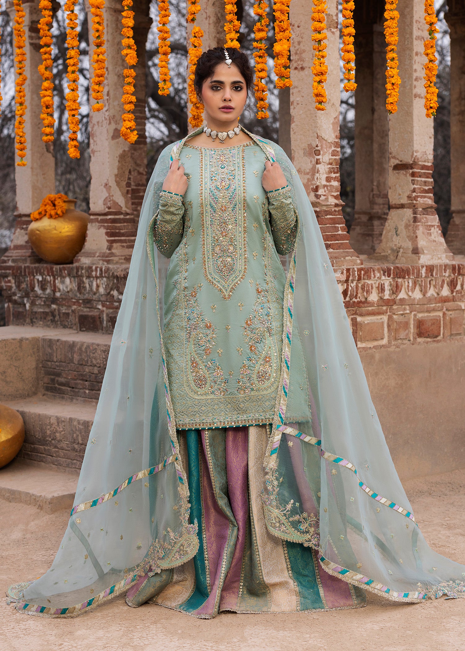 silk Gharara in Light cyan