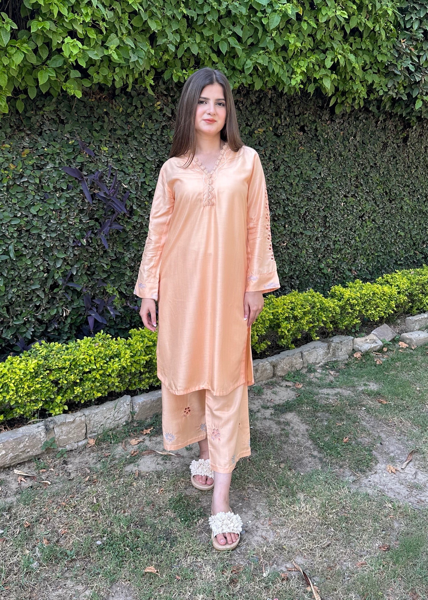 arabic lawn Kurta Set in Peach orange