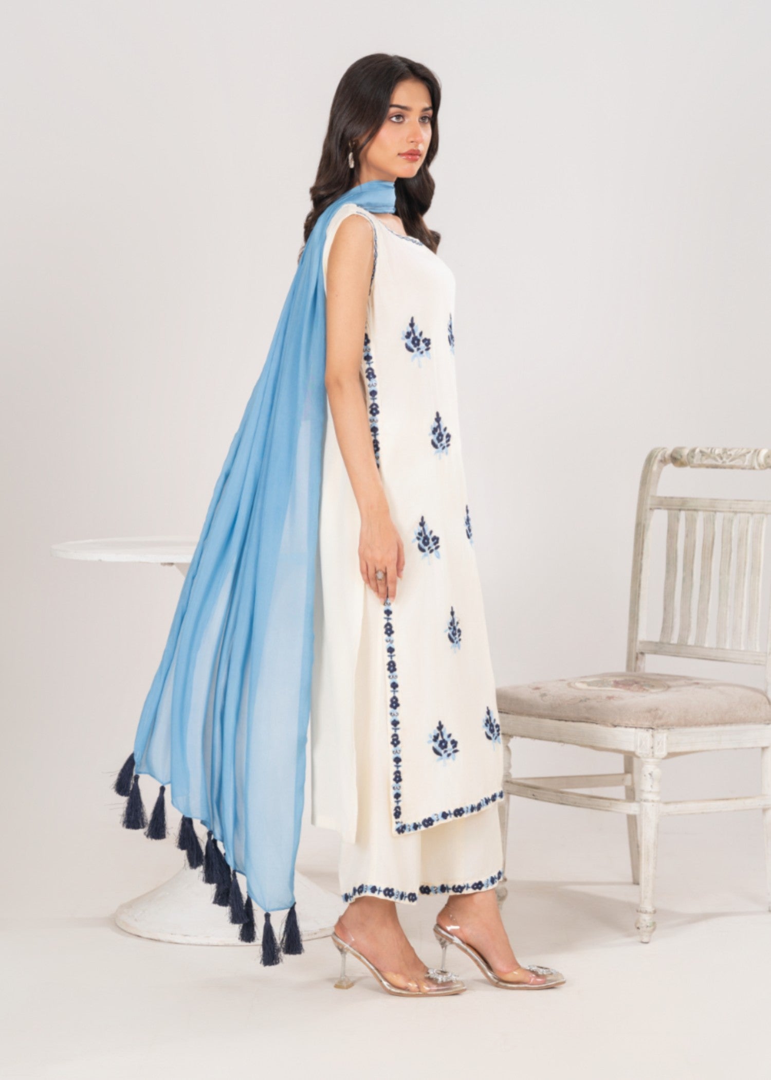 silk finish lawn Kurta Set in Ivory