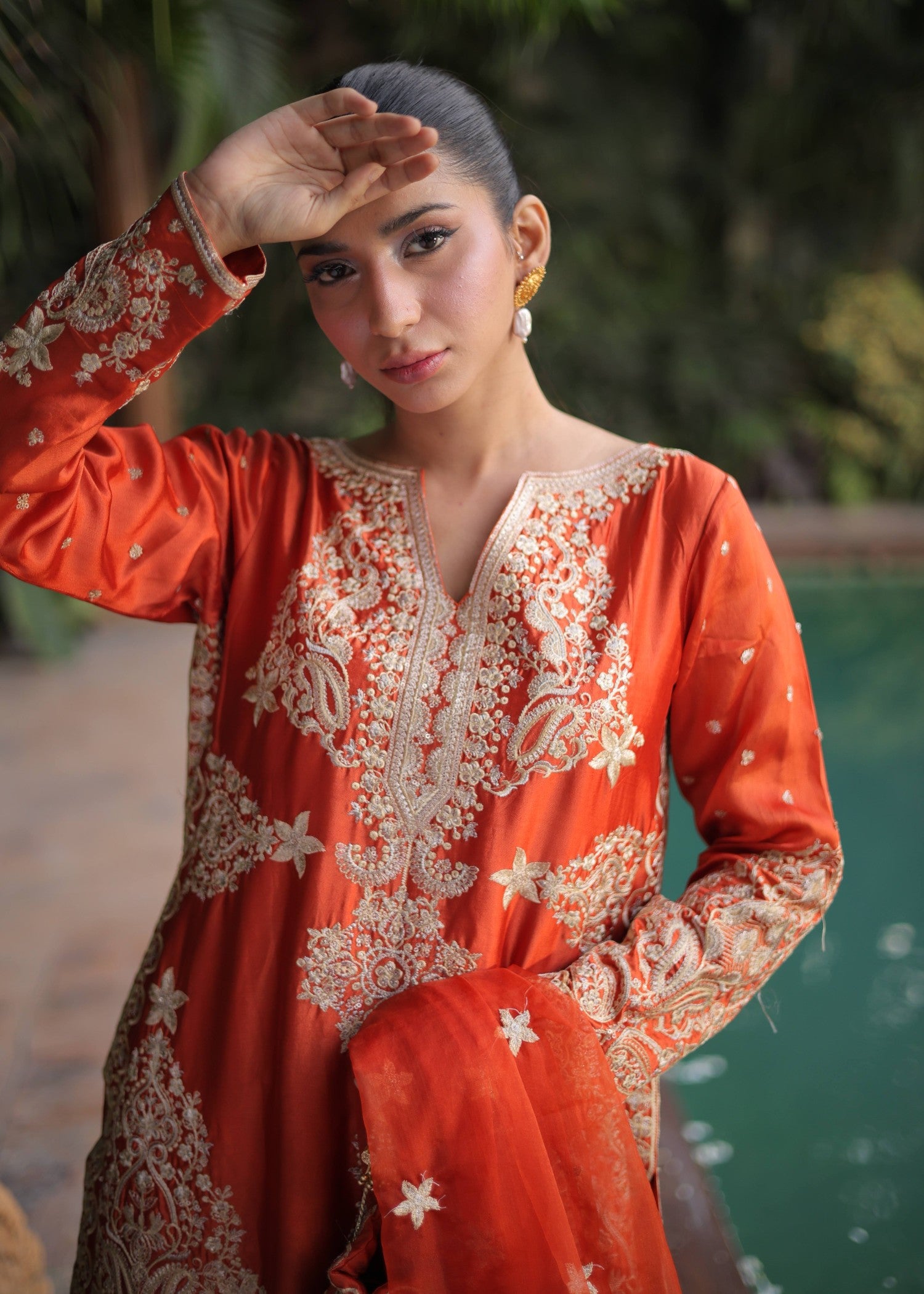 pure silk Kurta Set in Rust orange